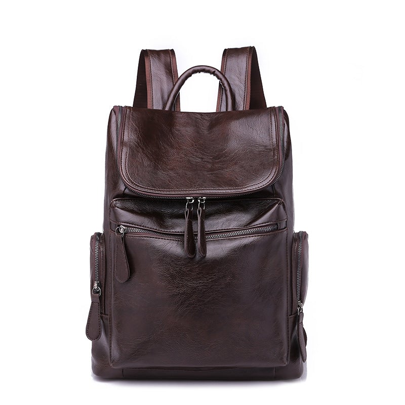 Wear-resistant solid color backpack for women in black and brown, featuring multiple pockets and durable PU leather material.