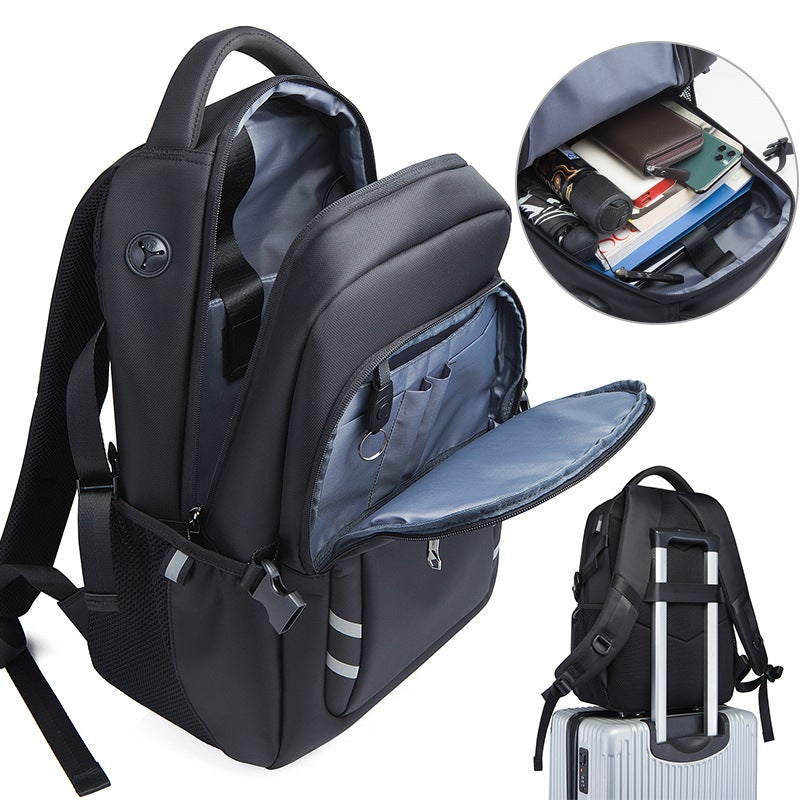 A large-capacity travel backpack made of wear-resistant and waterproof Oxford cloth, featuring multiple pockets and a sleek design suitable for both men and women.