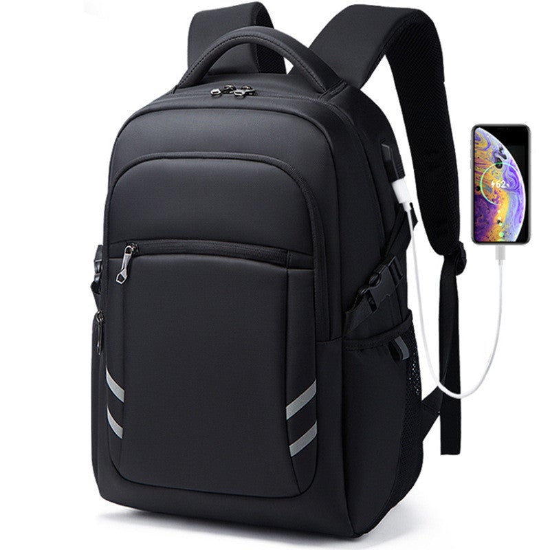 A large-capacity travel backpack made of wear-resistant and waterproof Oxford cloth, featuring multiple pockets and a sleek design suitable for both men and women.