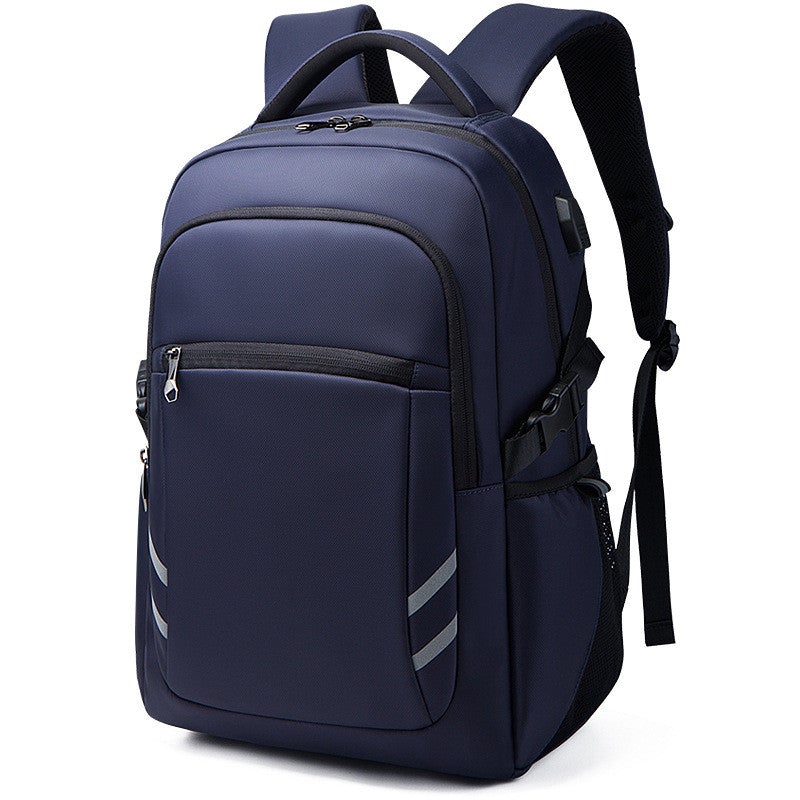 A large-capacity travel backpack made of wear-resistant and waterproof Oxford cloth, featuring multiple pockets and a sleek design suitable for both men and women.