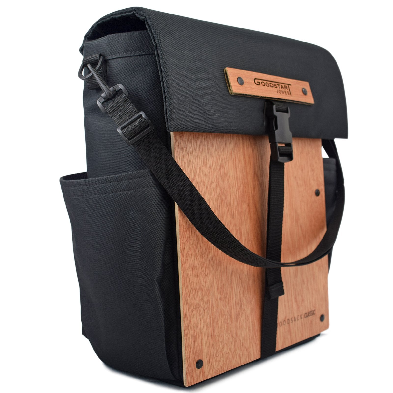 Woodsack Classic Backpack in black with padded construction and wood panel features, showcasing its stylish and durable design.