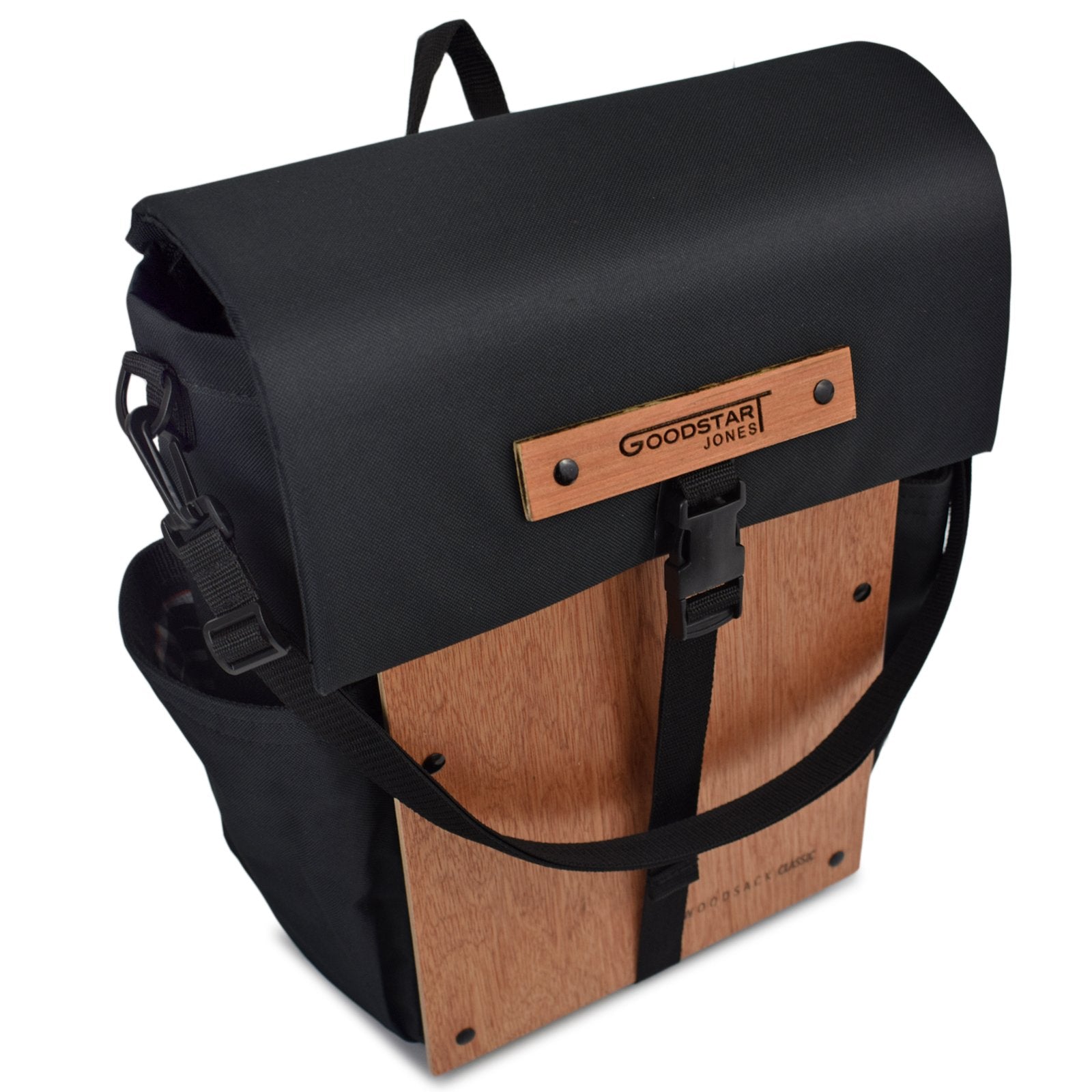 Woodsack Classic Backpack in black with padded construction and wood panel features, showcasing its stylish and durable design.