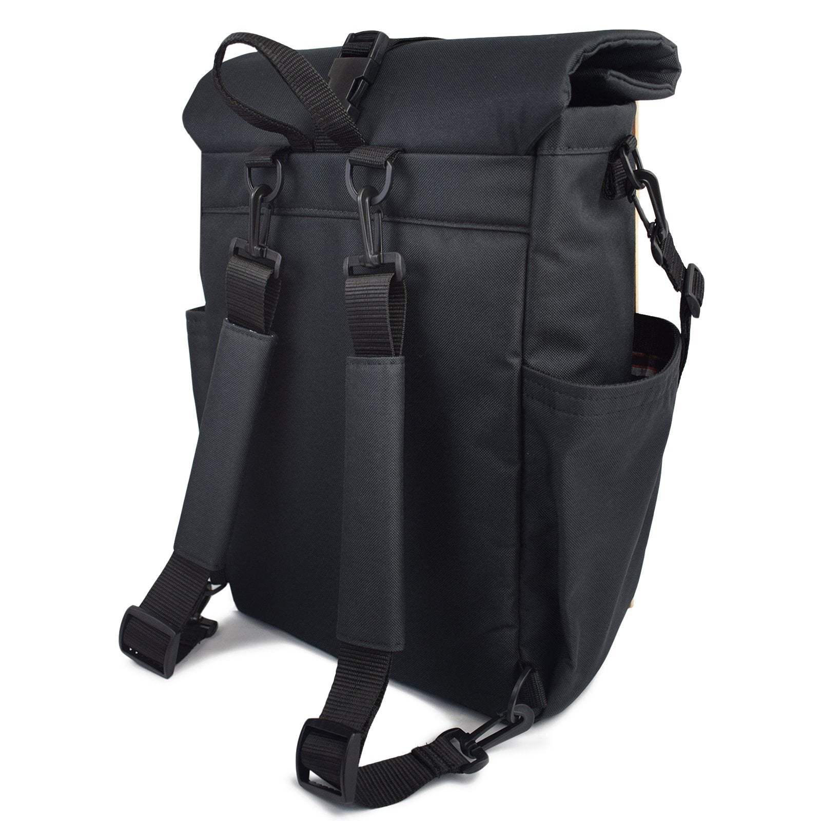 Woodsack Classic Backpack in black with padded construction and wood panel features, showcasing its stylish and durable design.