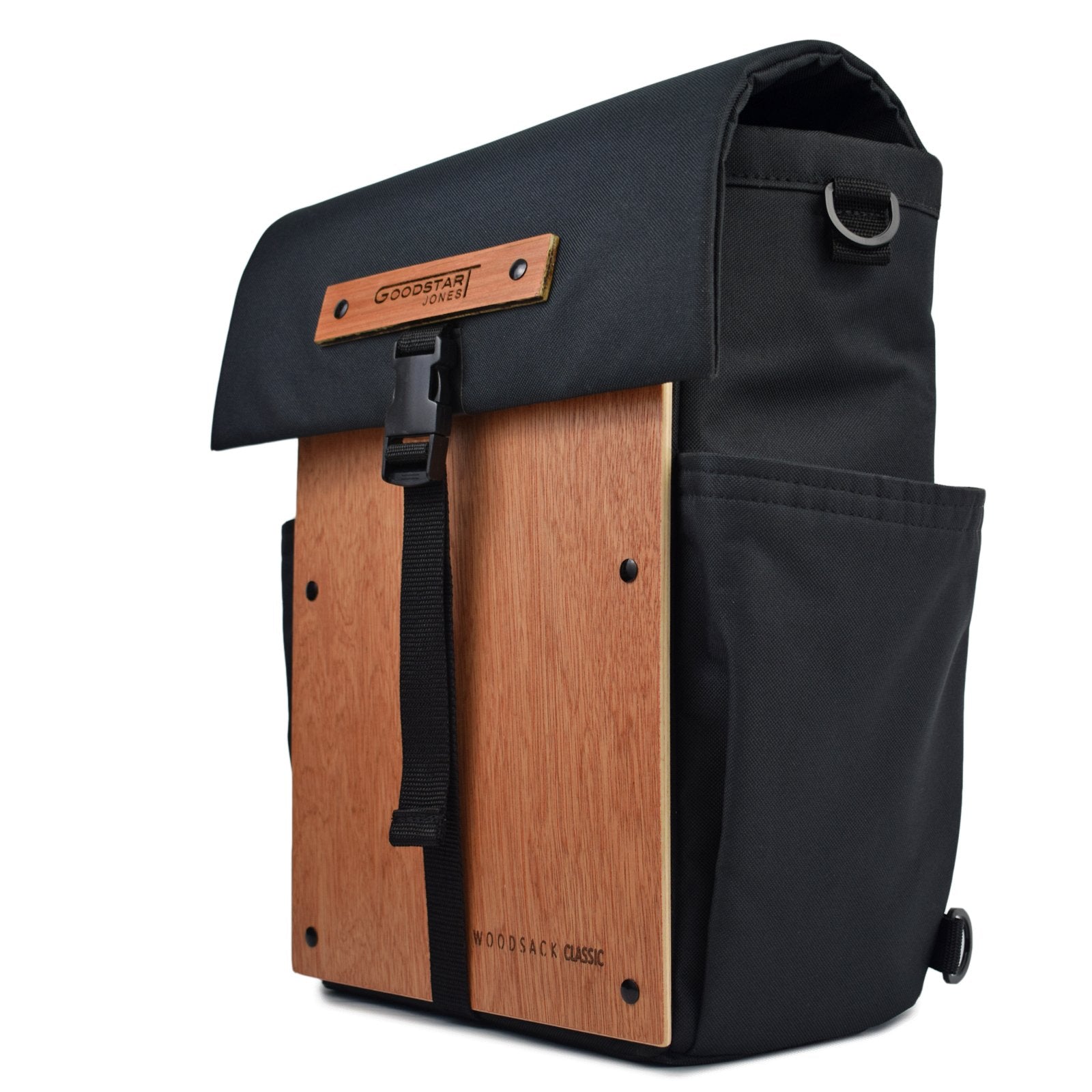 Woodsack Classic Backpack in black with padded construction and wood panel features, showcasing its stylish and durable design.