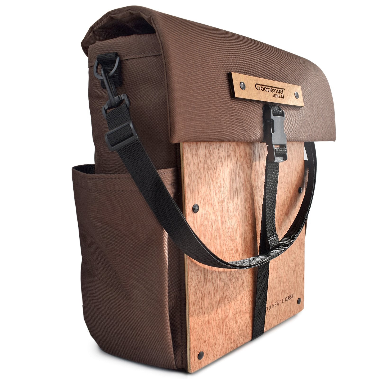 Woodsack Classic Backpack in Brown with padded construction and wood panel features, showcasing military-inspired design.