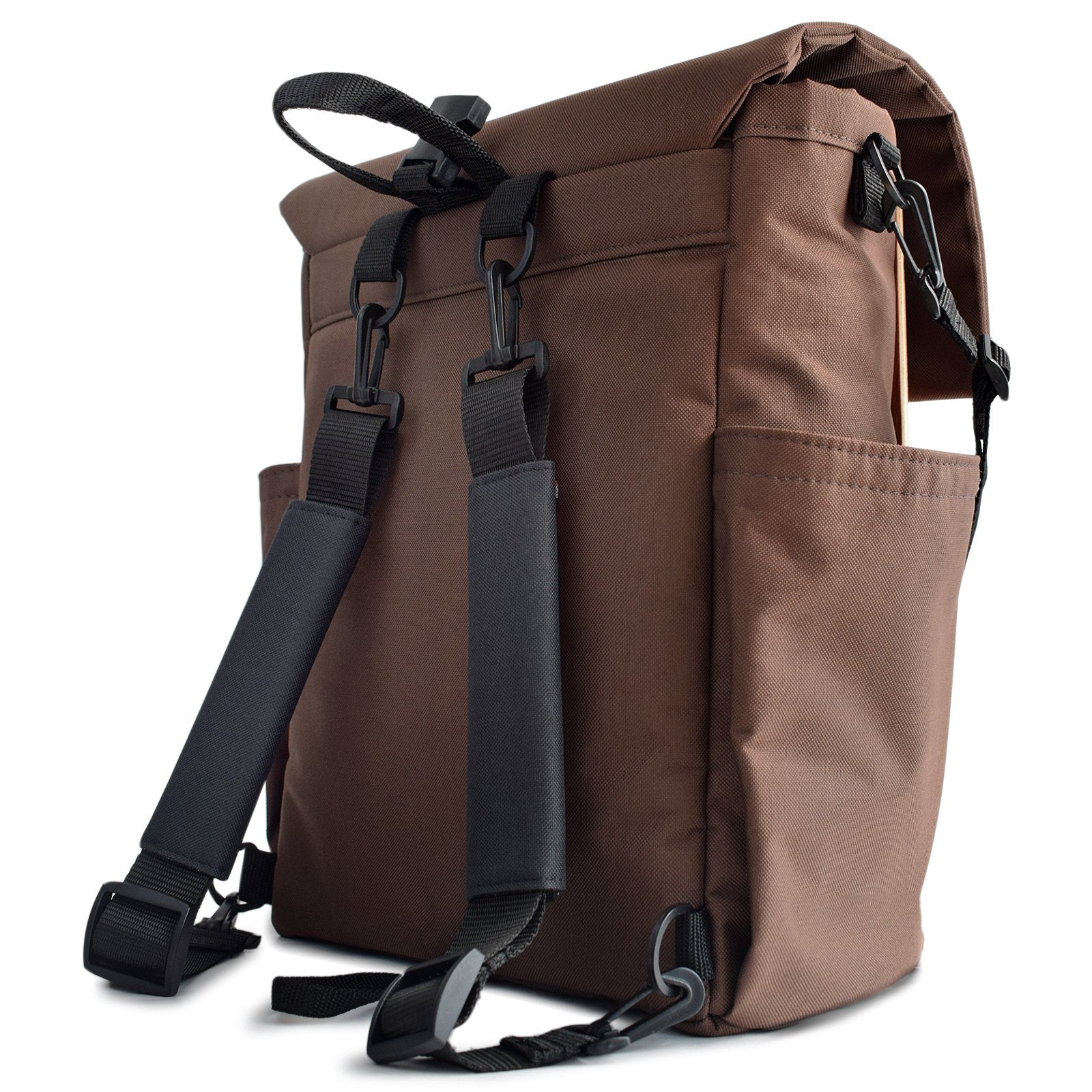 Woodsack Classic Backpack in Brown with padded construction and wood panel features, showcasing military-inspired design.