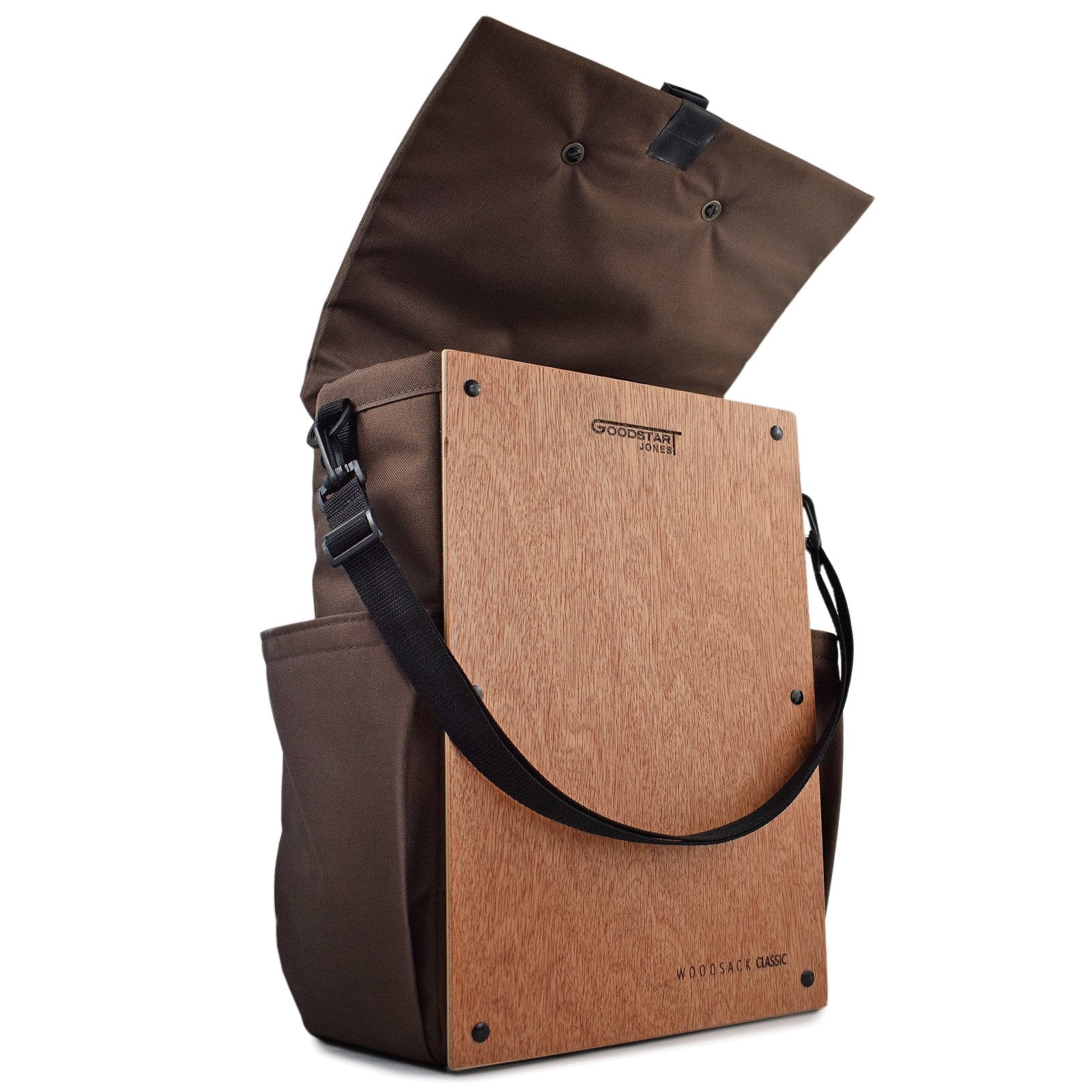 Woodsack Classic Backpack in Brown with padded construction and wood panel features, showcasing military-inspired design.