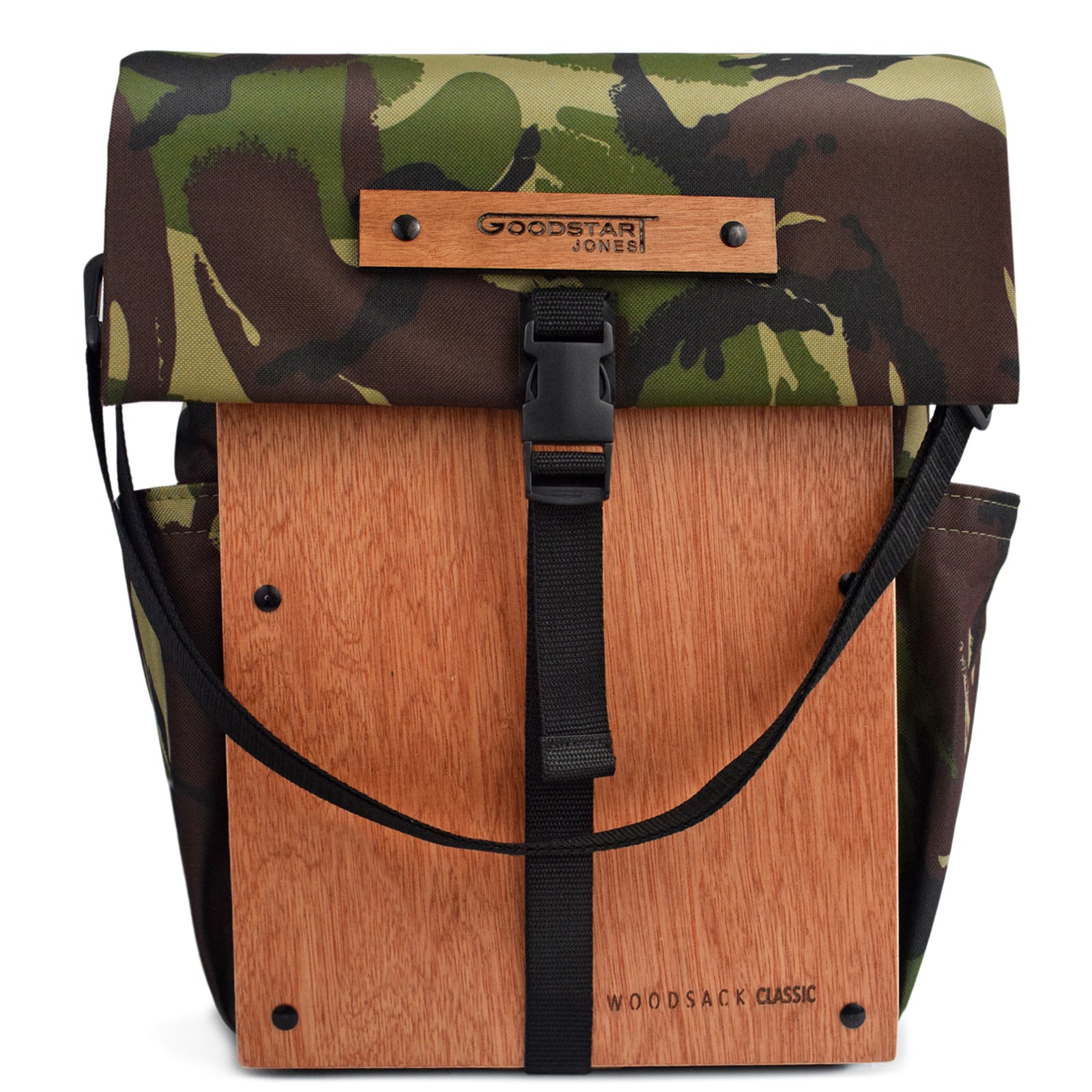 Woodsack Classic Backpack in CAMO with padded construction and wood panel features, showcasing military-inspired design.