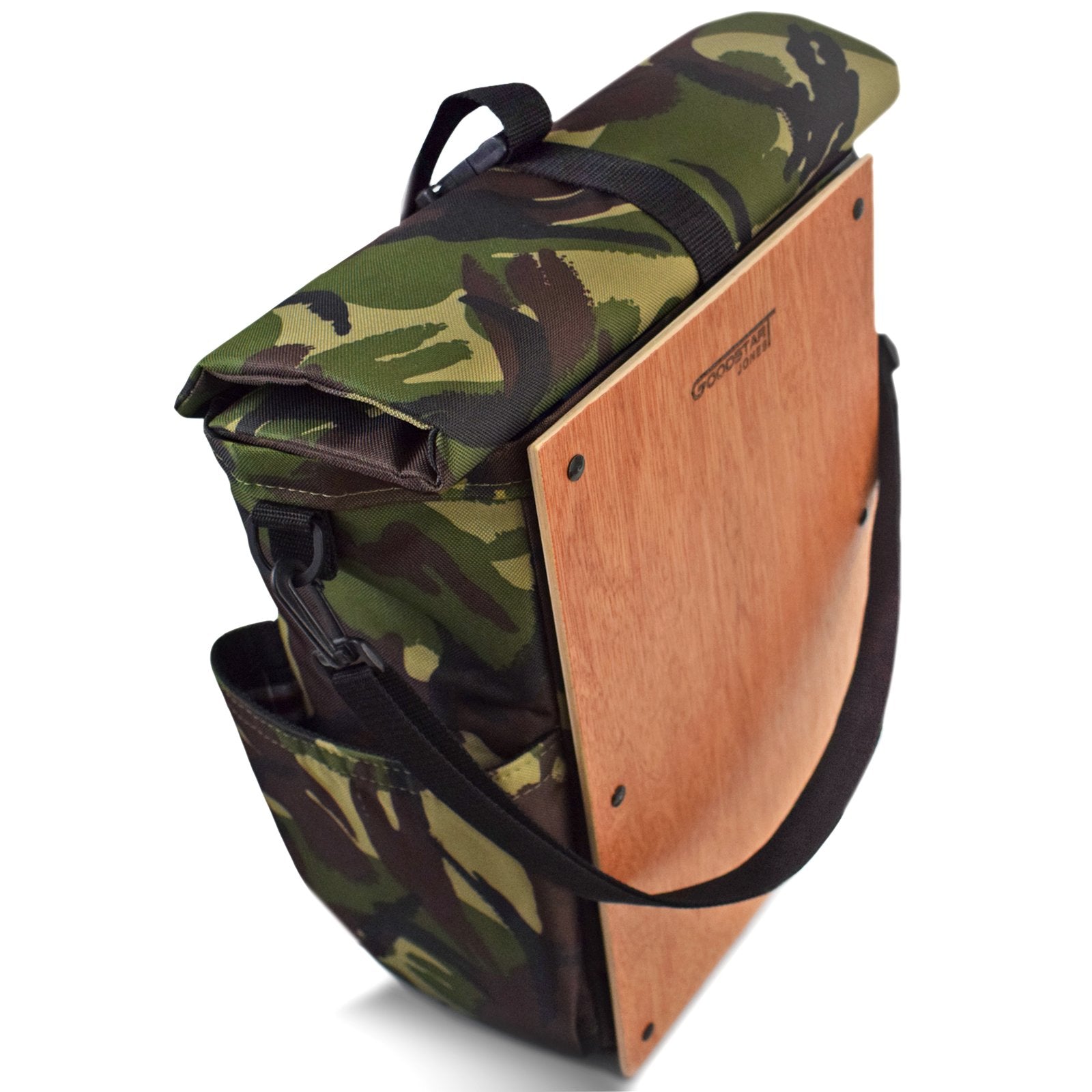 Woodsack Classic Backpack in CAMO with padded construction and wood panel features, showcasing military-inspired design.