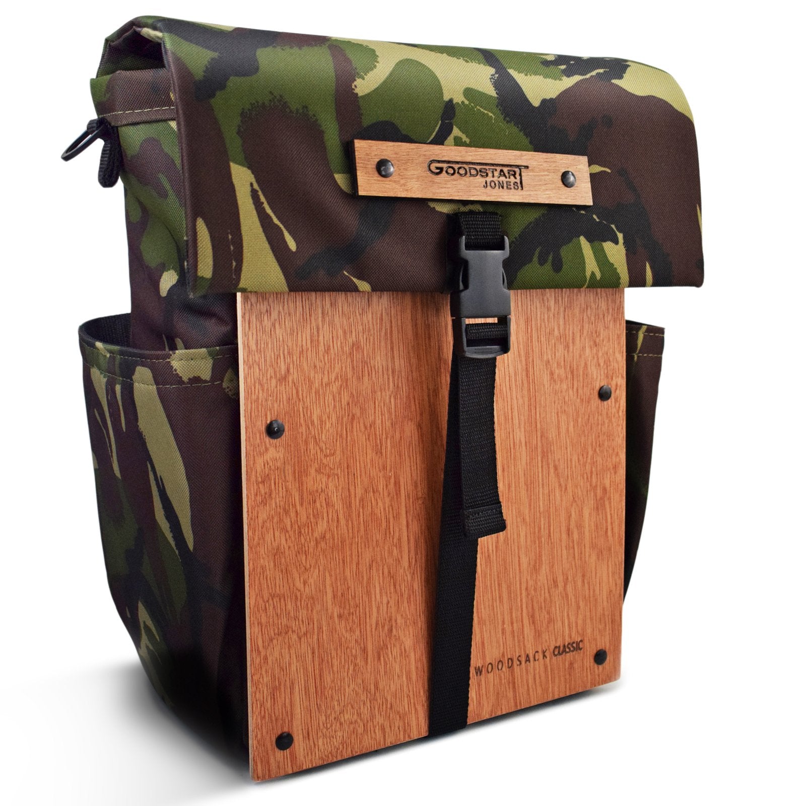 Woodsack Classic Backpack in CAMO with padded construction and wood panel features, showcasing military-inspired design.