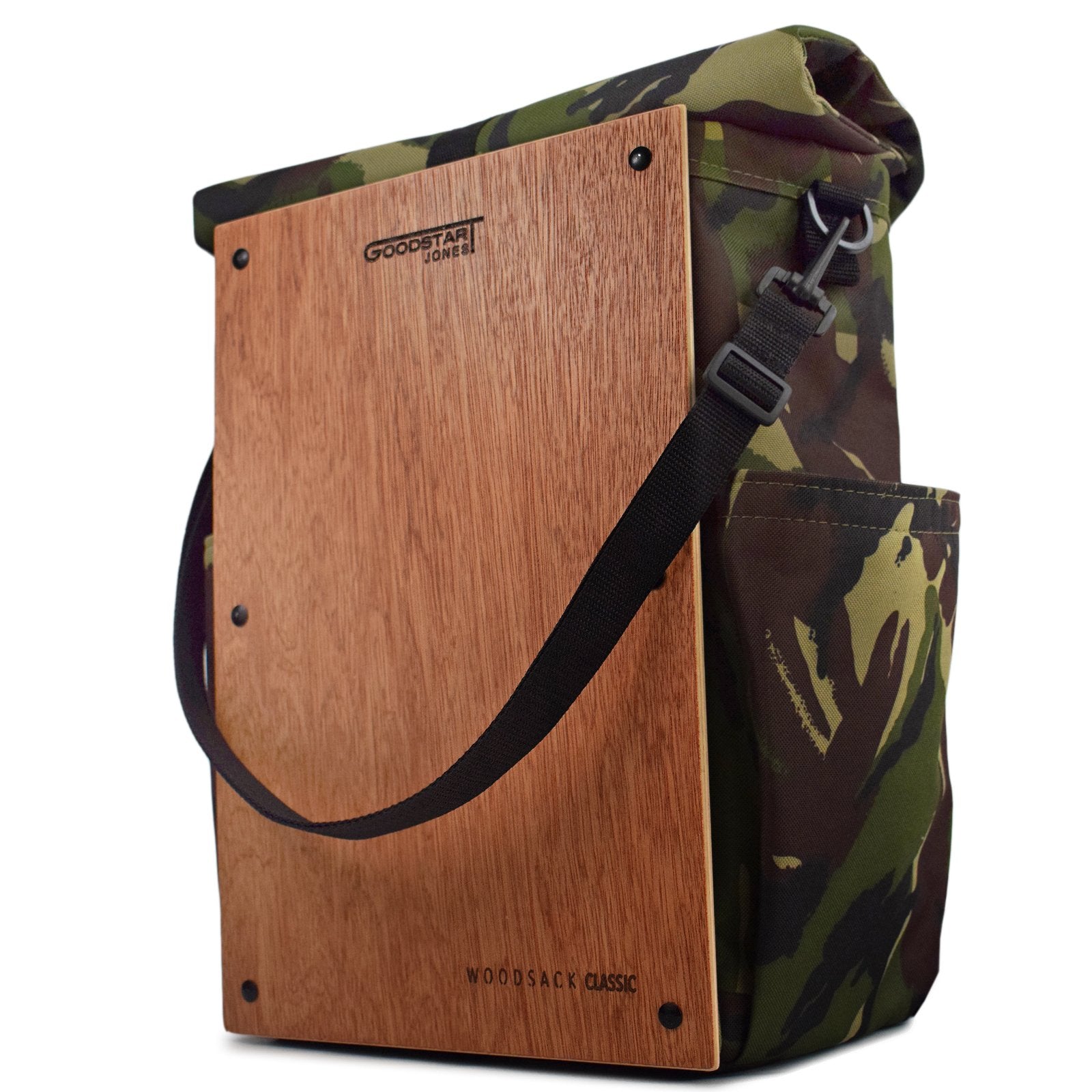 Woodsack Classic Backpack in CAMO with padded construction and wood panel features, showcasing military-inspired design.