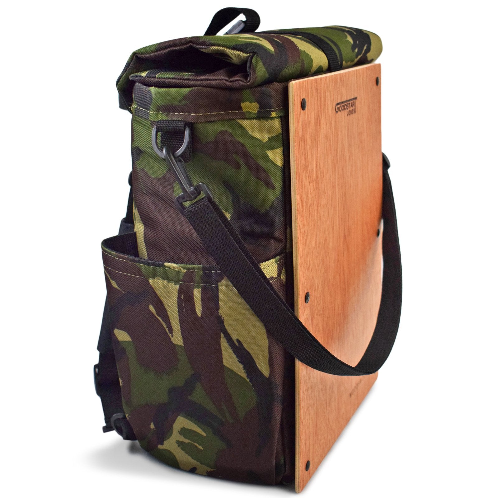 Woodsack Classic Backpack in CAMO with padded construction and wood panel features, showcasing military-inspired design.