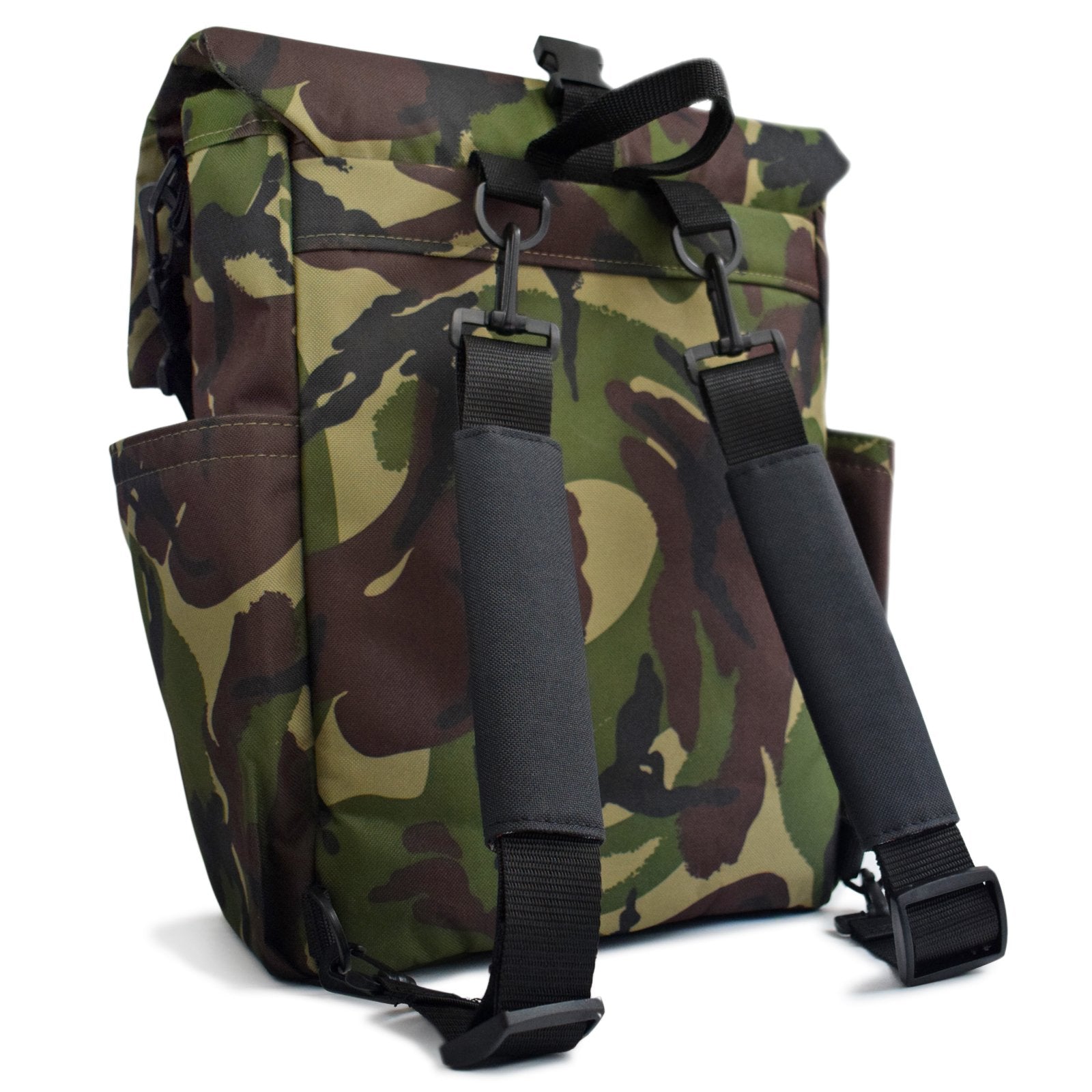 Woodsack Classic Backpack in CAMO with padded construction and wood panel features, showcasing military-inspired design.