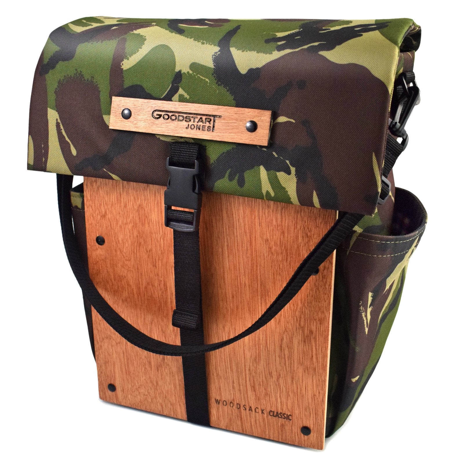 Woodsack Classic Backpack in CAMO with padded construction and wood panel features, showcasing military-inspired design.