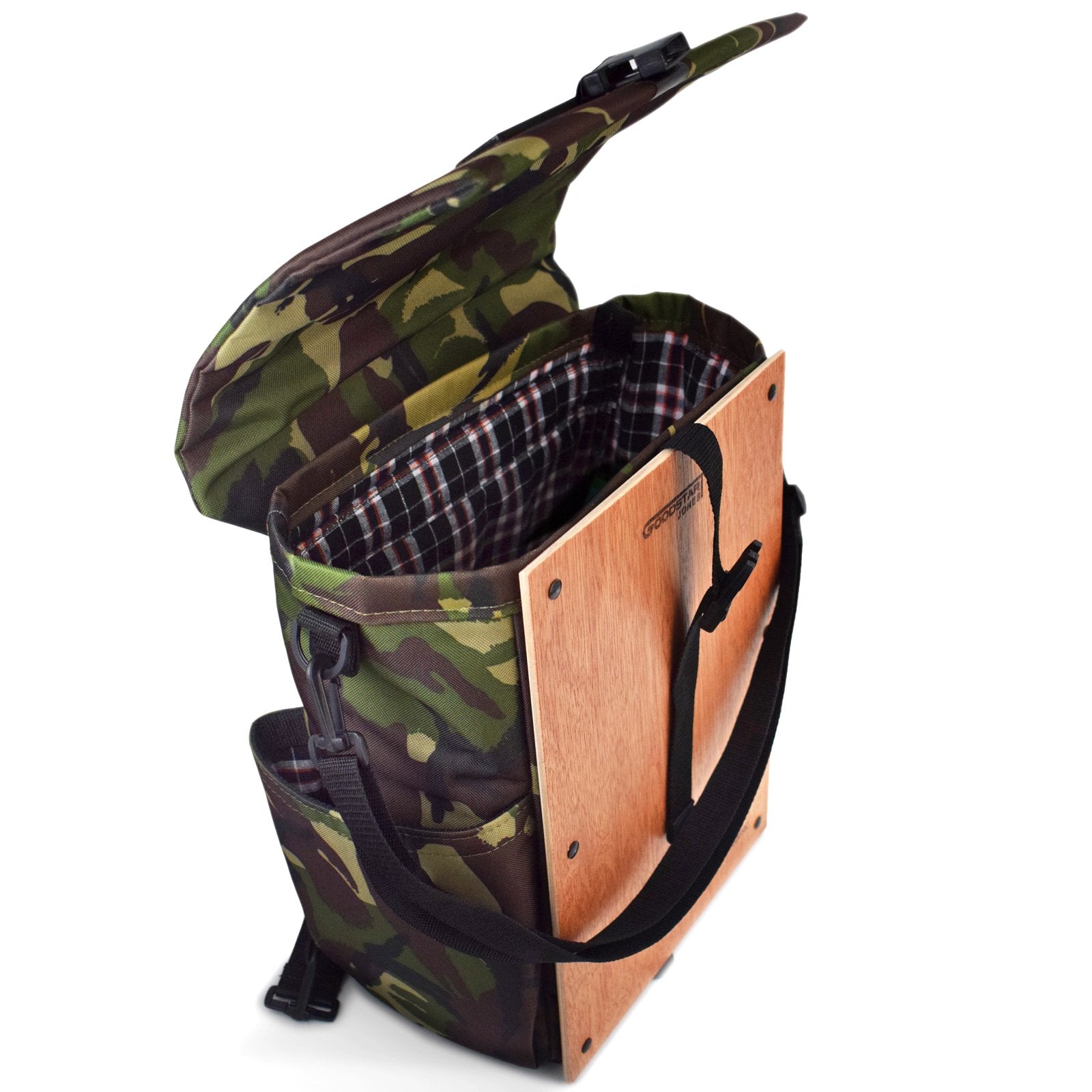 Woodsack Classic Backpack in CAMO with padded construction and wood panel features, showcasing military-inspired design.