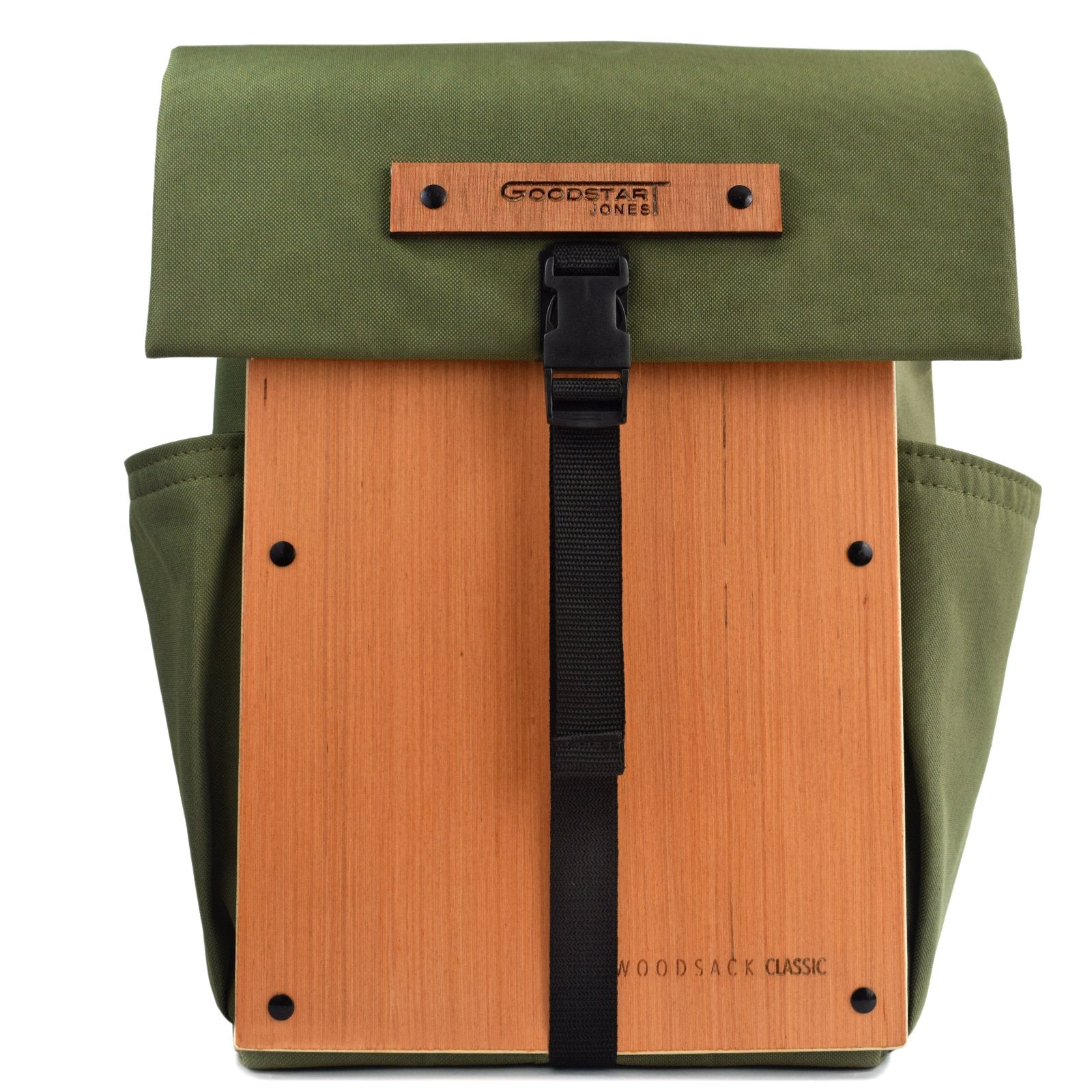 Woodsack Classic Backpack in Olive Green with padded construction and wood panel accents, showcasing its military-inspired design.