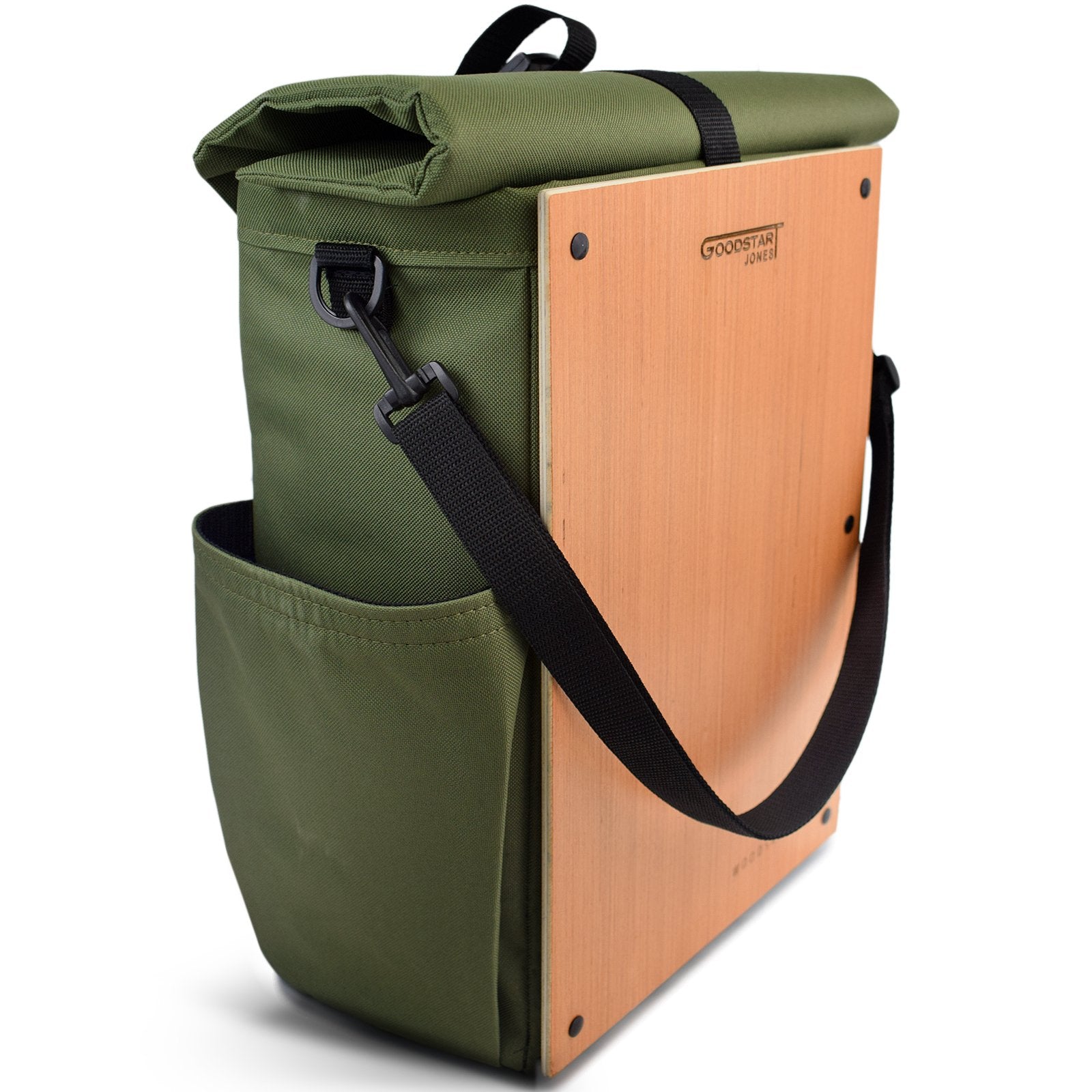 Woodsack Classic Backpack in Olive Green with padded construction and wood panel accents, showcasing its military-inspired design.