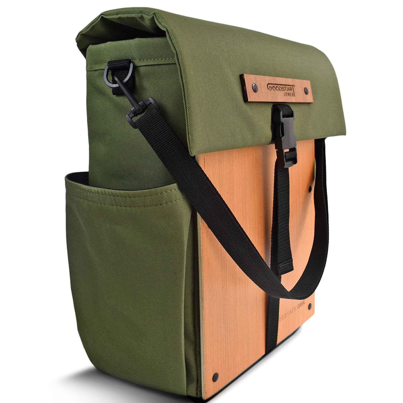 Woodsack Classic Backpack in Olive Green with padded construction and wood panel accents, showcasing its military-inspired design.