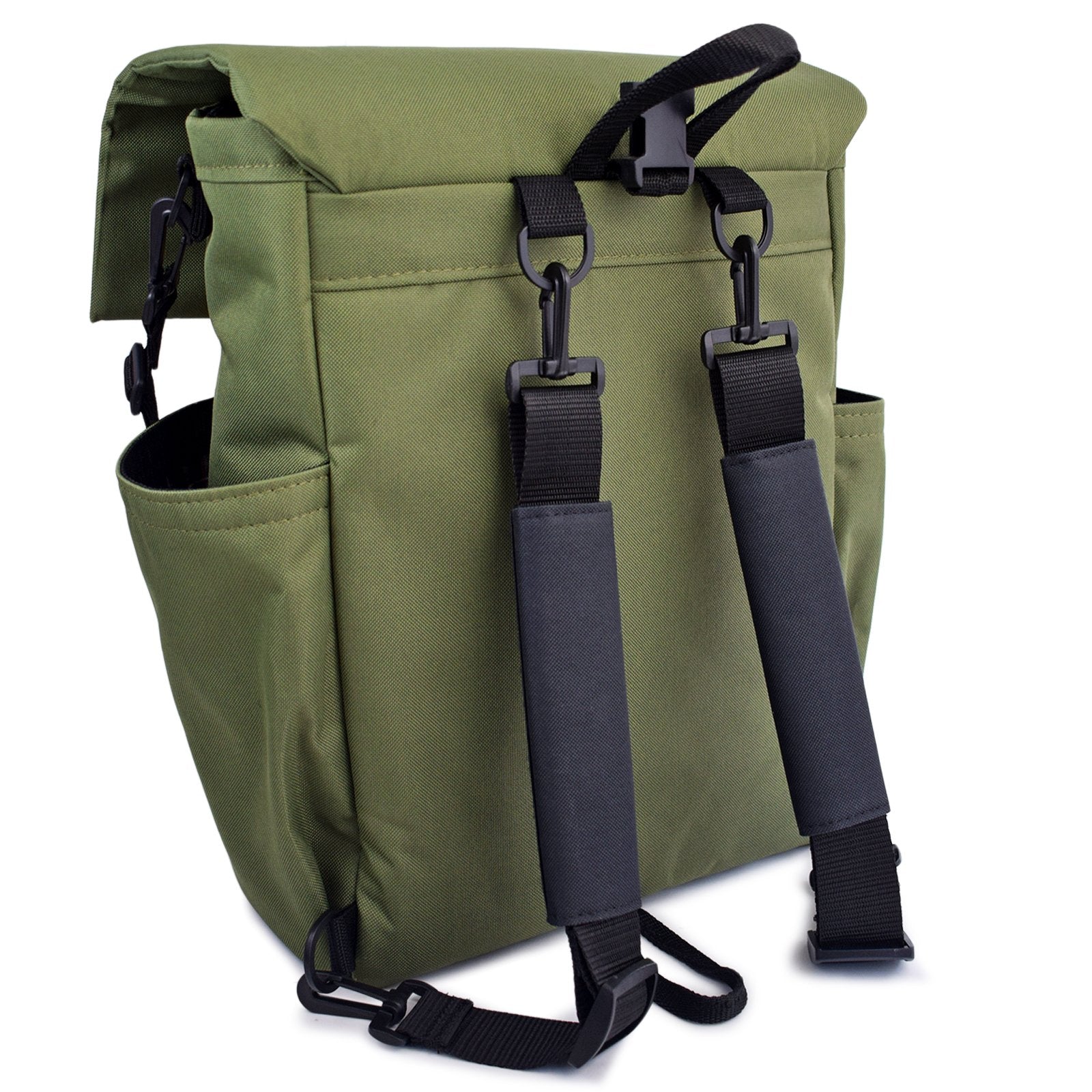 Woodsack Classic Backpack in Olive Green with padded construction and wood panel accents, showcasing its military-inspired design.