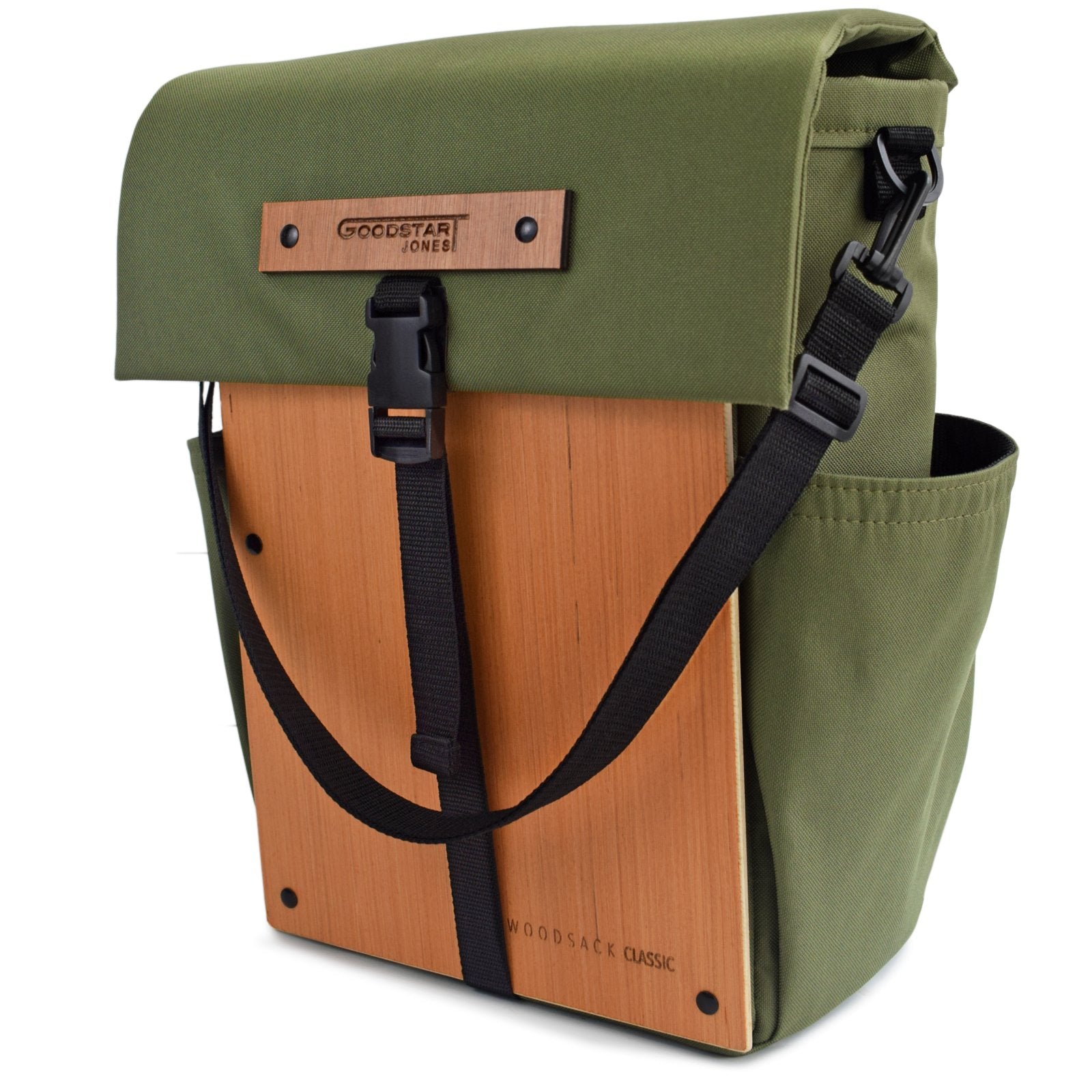 Woodsack Classic Backpack in Olive Green with padded construction and wood panel accents, showcasing its military-inspired design.