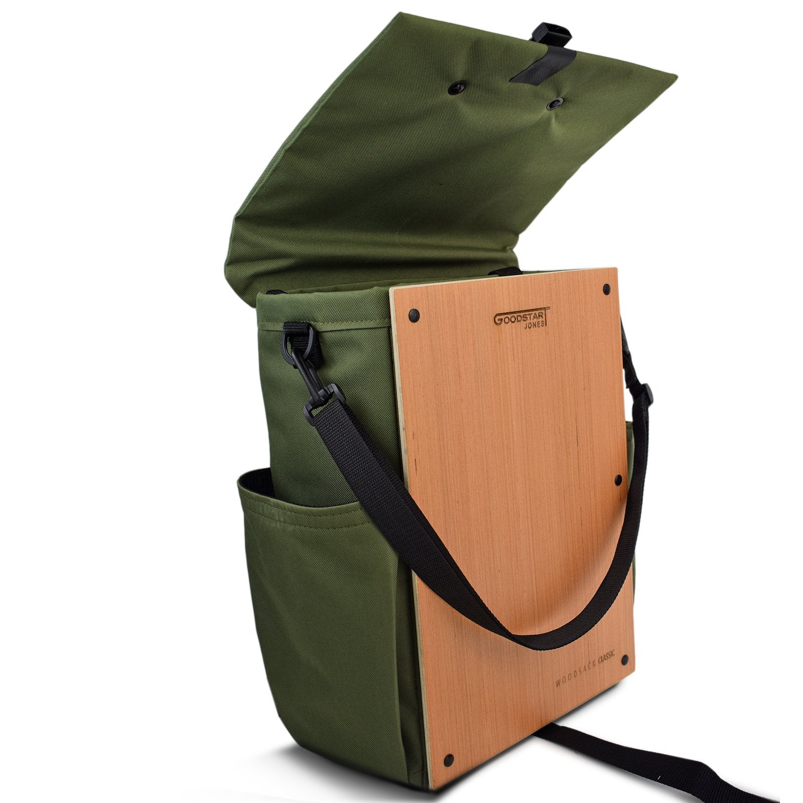 Woodsack Classic Backpack in Olive Green with padded construction and wood panel accents, showcasing its military-inspired design.