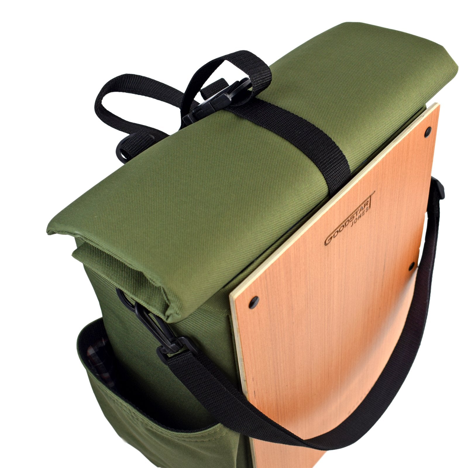 Woodsack Classic Backpack in Olive Green with padded construction and wood panel accents, showcasing its military-inspired design.