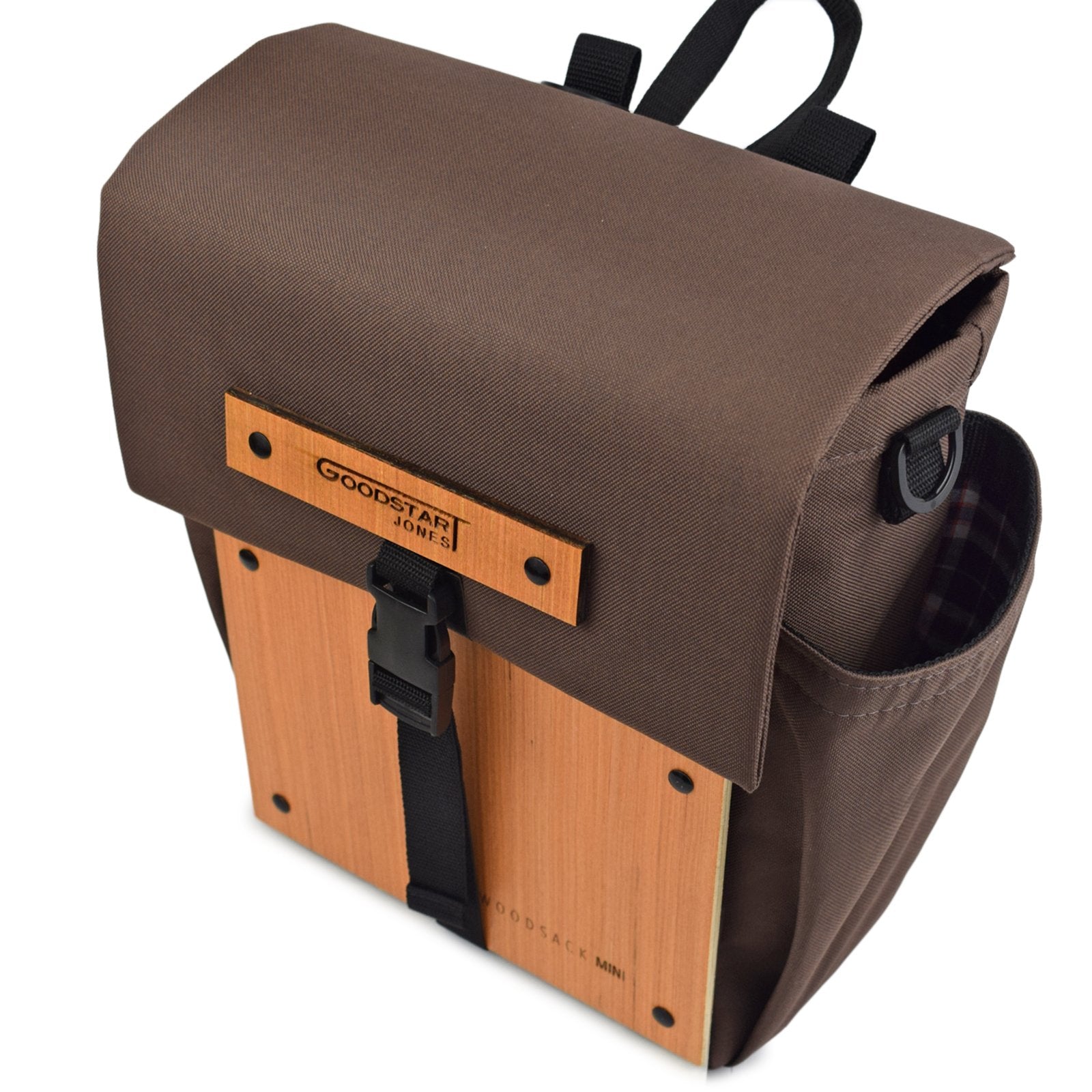 Woodsack Mini Backpack in brown, showcasing its compact design and stylish appearance.