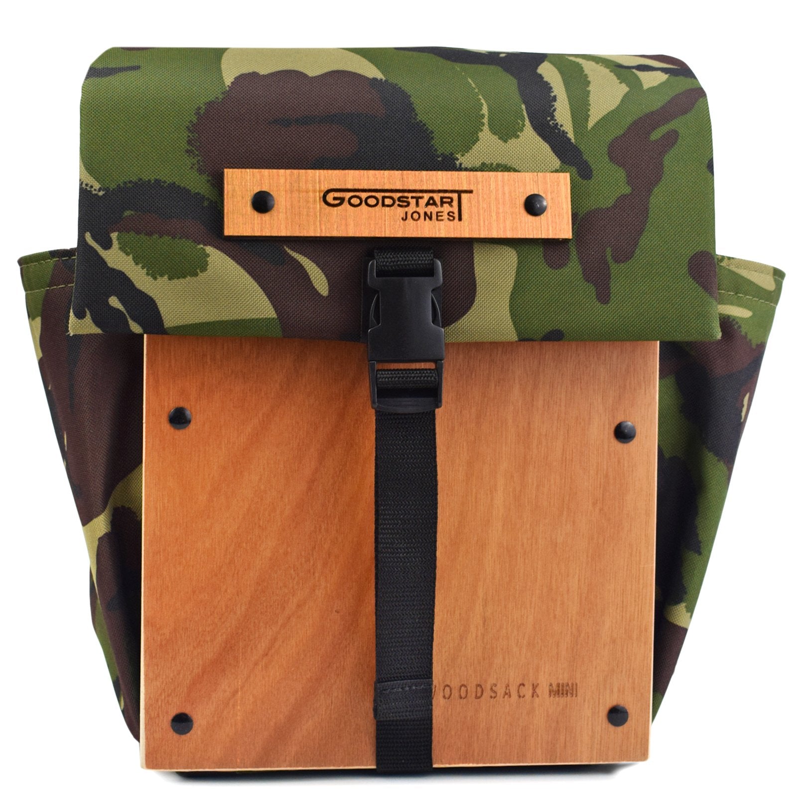 Woodsack Mini Backpack in CAMO SLAM design, showcasing its compact size and stylish camo pattern, perfect for daily use and travel.