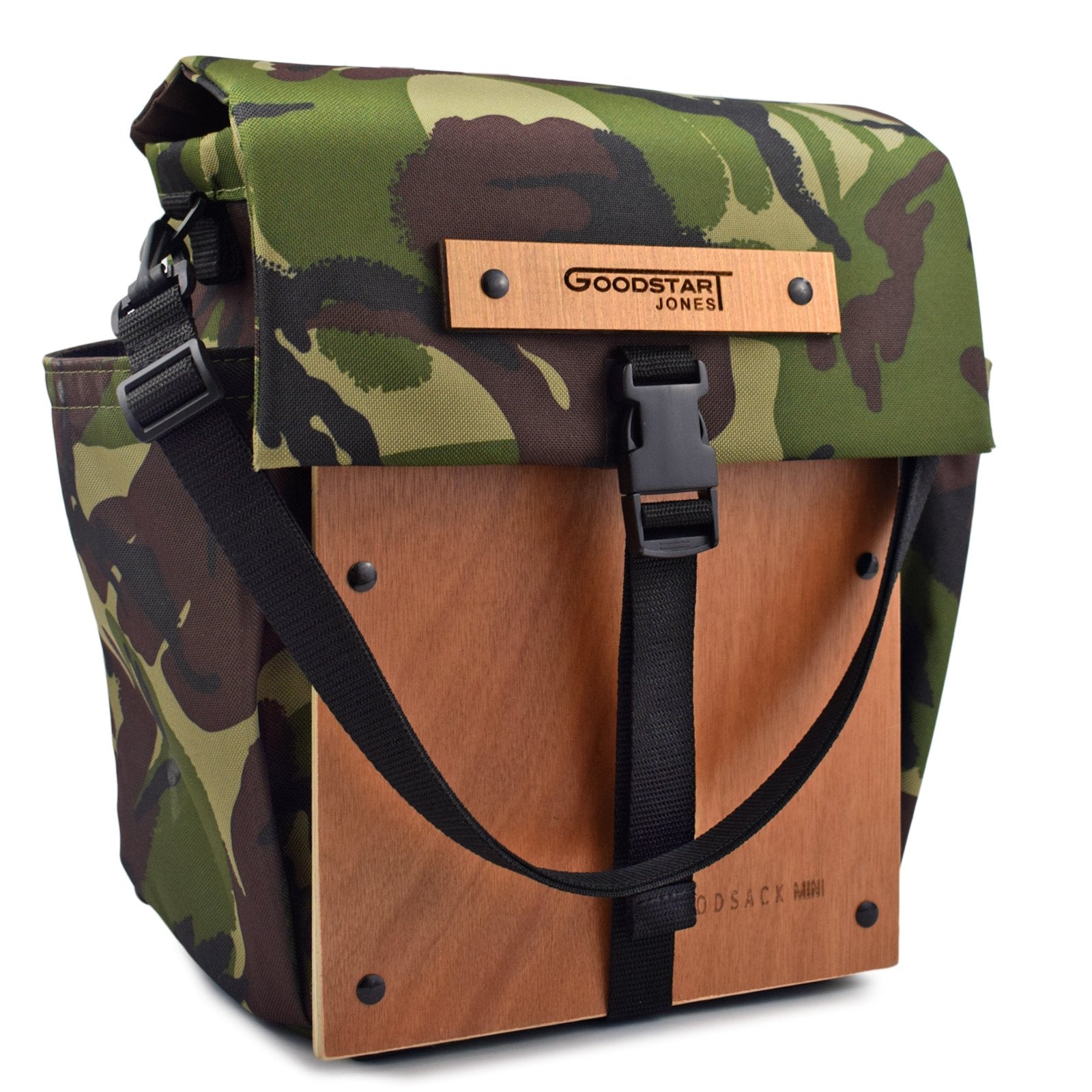 Woodsack Mini Backpack in CAMO SLAM design, showcasing its compact size and stylish camo pattern, perfect for daily use and travel.