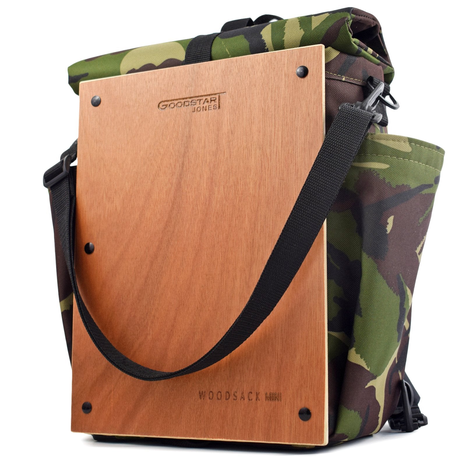 Woodsack Mini Backpack in CAMO SLAM design, showcasing its compact size and stylish camo pattern, perfect for daily use and travel.