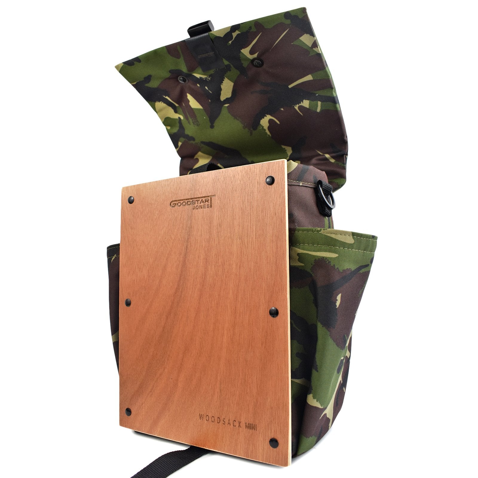 Woodsack Mini Backpack in CAMO SLAM design, showcasing its compact size and stylish camo pattern, perfect for daily use and travel.