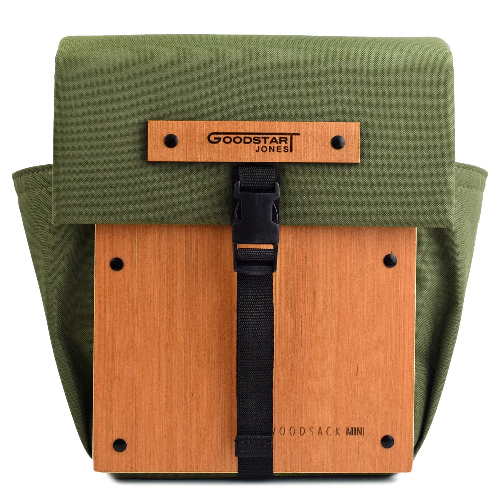 Woodsack Mini Backpack in Olive, showcasing its compact design and stylish appearance.