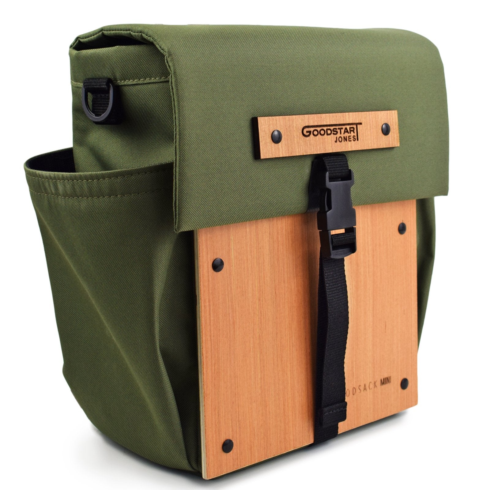 Woodsack Mini Backpack in Olive, showcasing its compact design and stylish appearance.