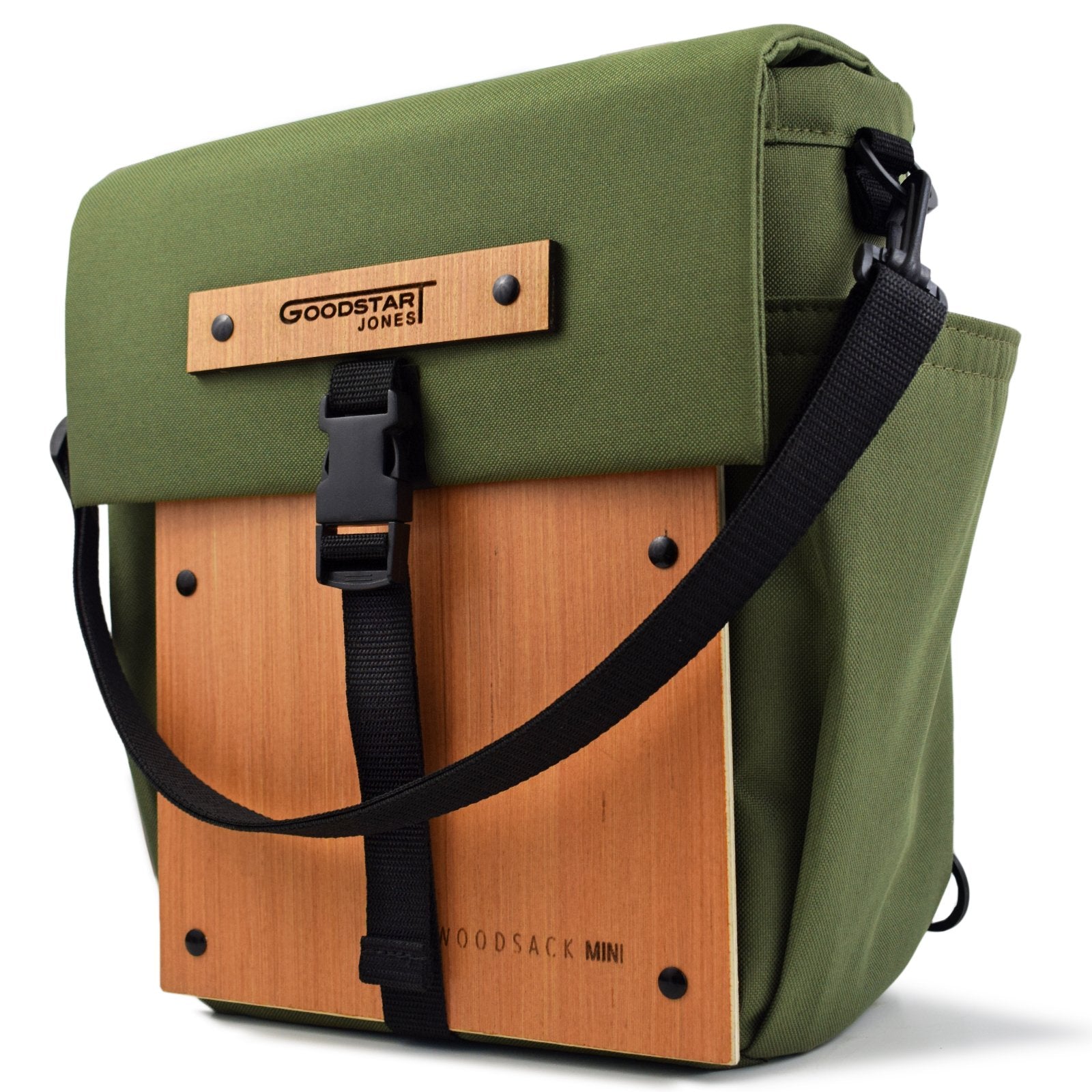 Woodsack Mini Backpack in Olive, showcasing its compact design and stylish appearance.