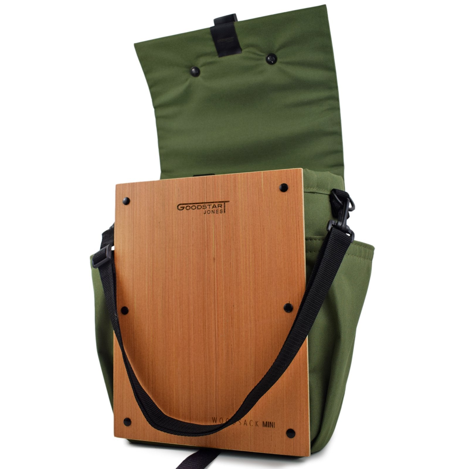 Woodsack Mini Backpack in Olive, showcasing its compact design and stylish appearance.