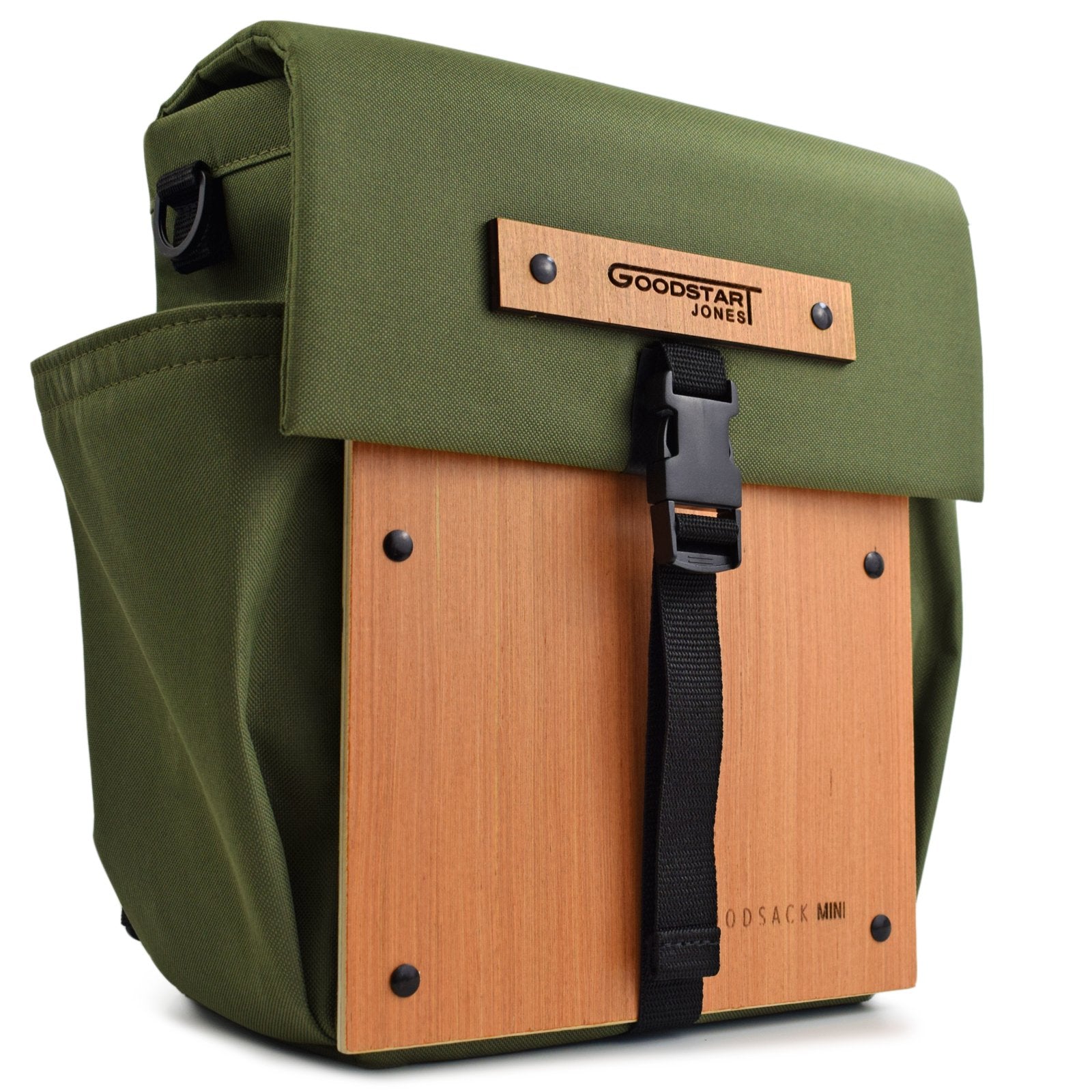 Woodsack Mini Backpack in Olive, showcasing its compact design and stylish appearance.