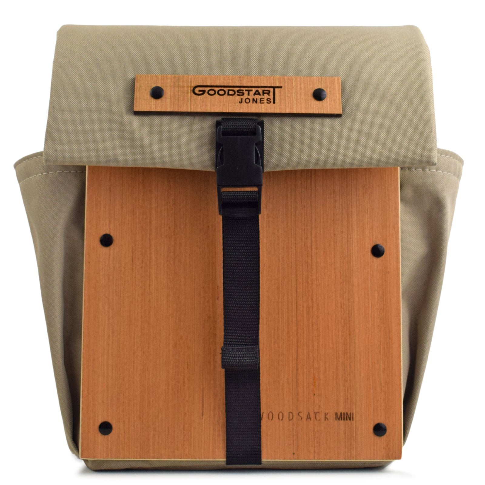 Woodsack Mini Backpack in SAND color, showcasing its compact design and stylish appearance.