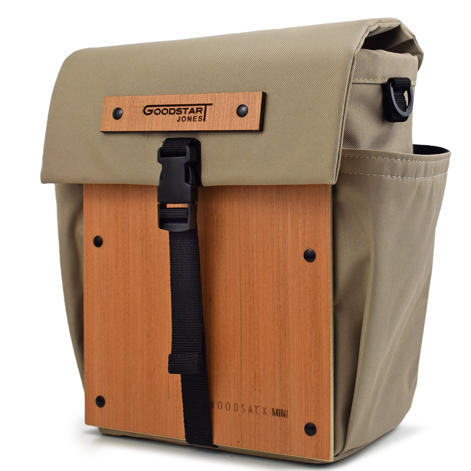 Woodsack Mini Backpack in SAND color, showcasing its compact design and stylish appearance.