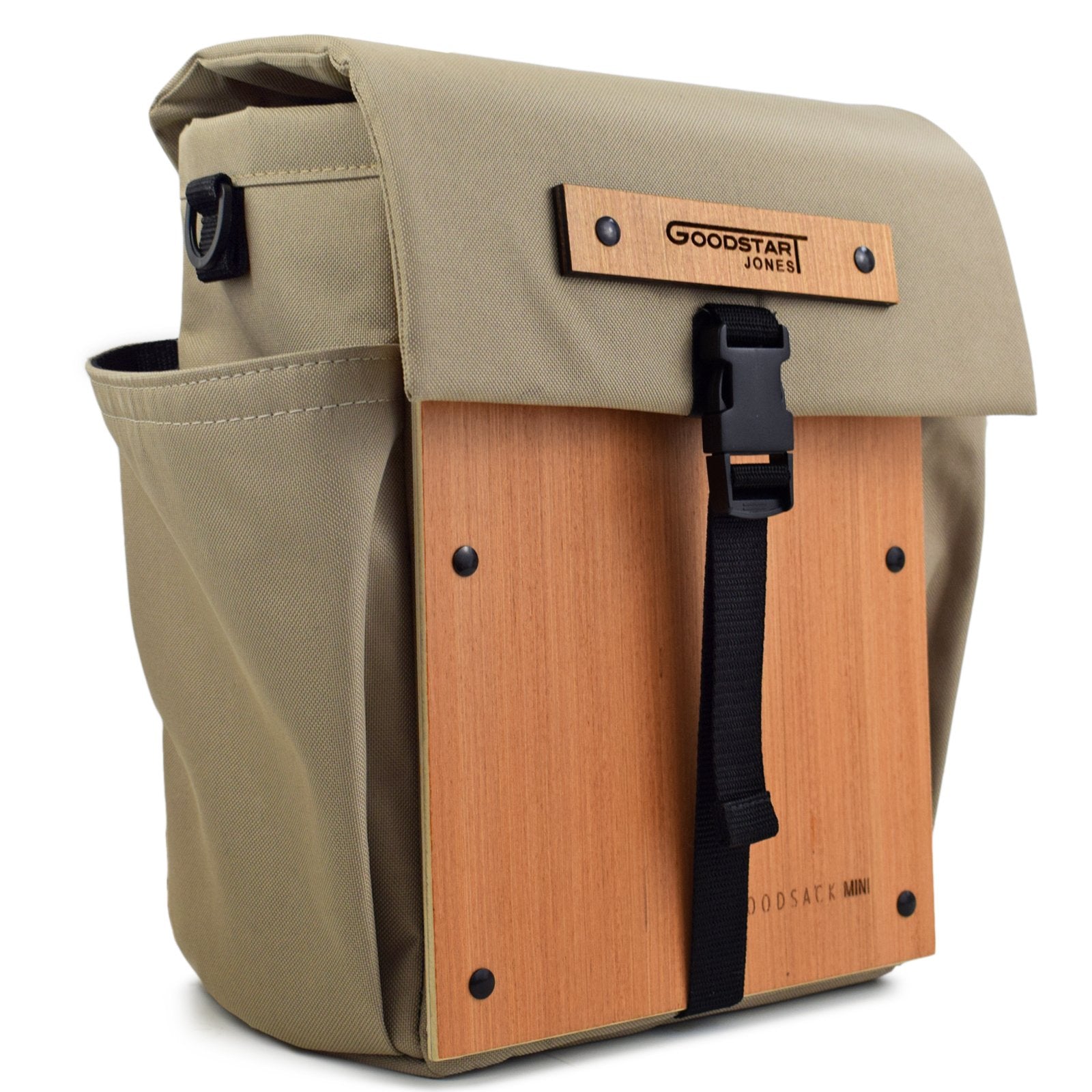 Woodsack Mini Backpack in SAND color, showcasing its compact design and stylish appearance.