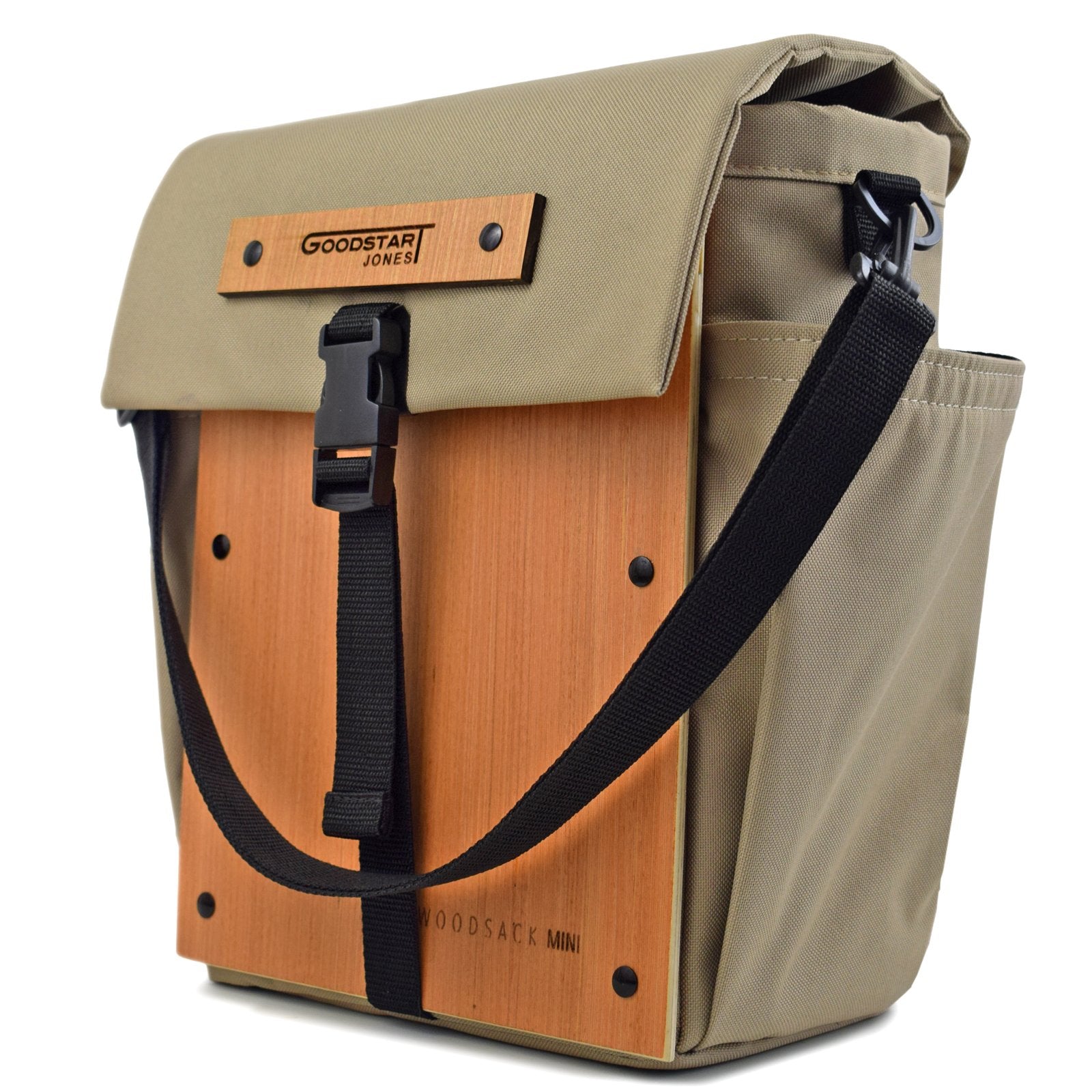 Woodsack Mini Backpack in SAND color, showcasing its compact design and stylish appearance.