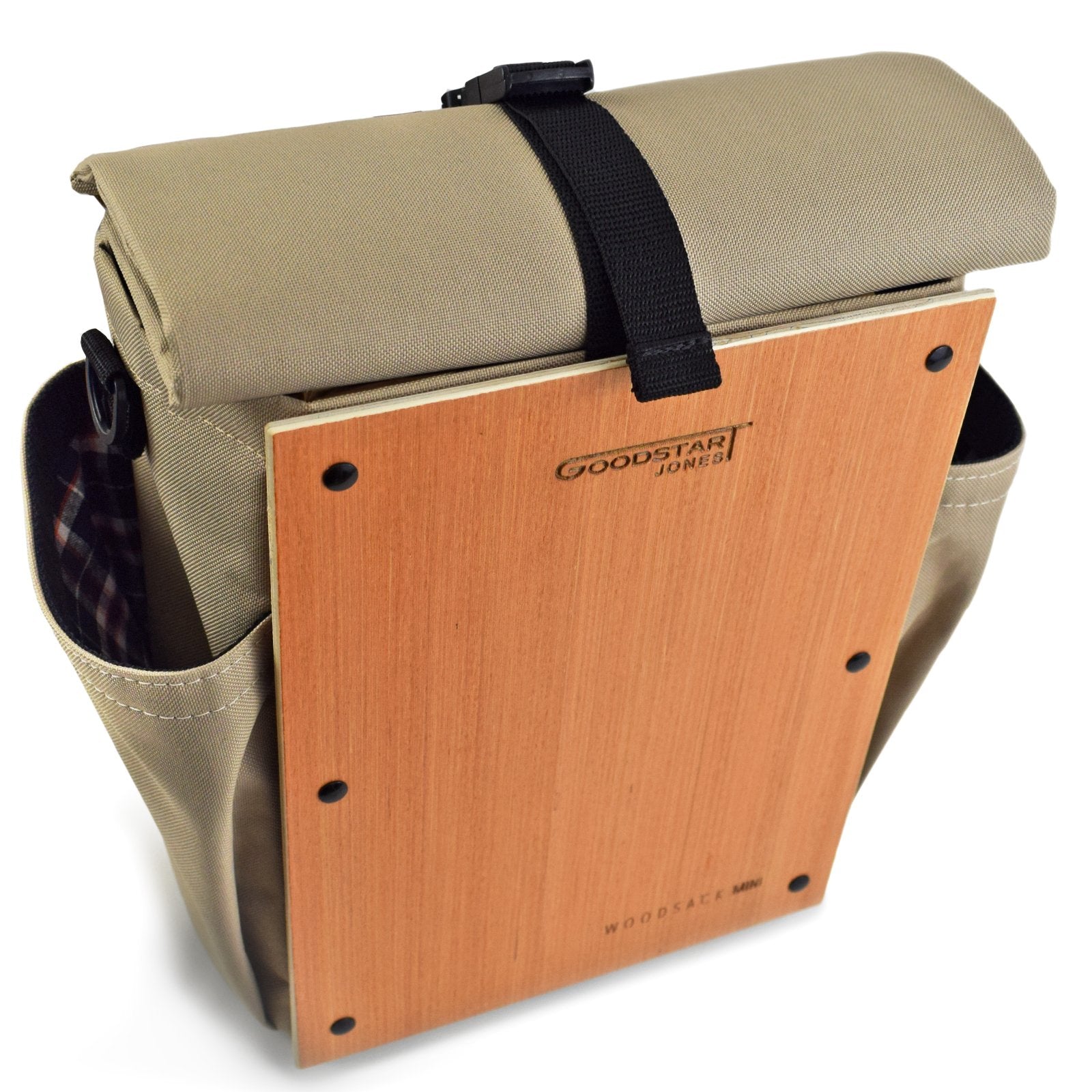 Woodsack Mini Backpack in SAND color, showcasing its compact design and stylish appearance.