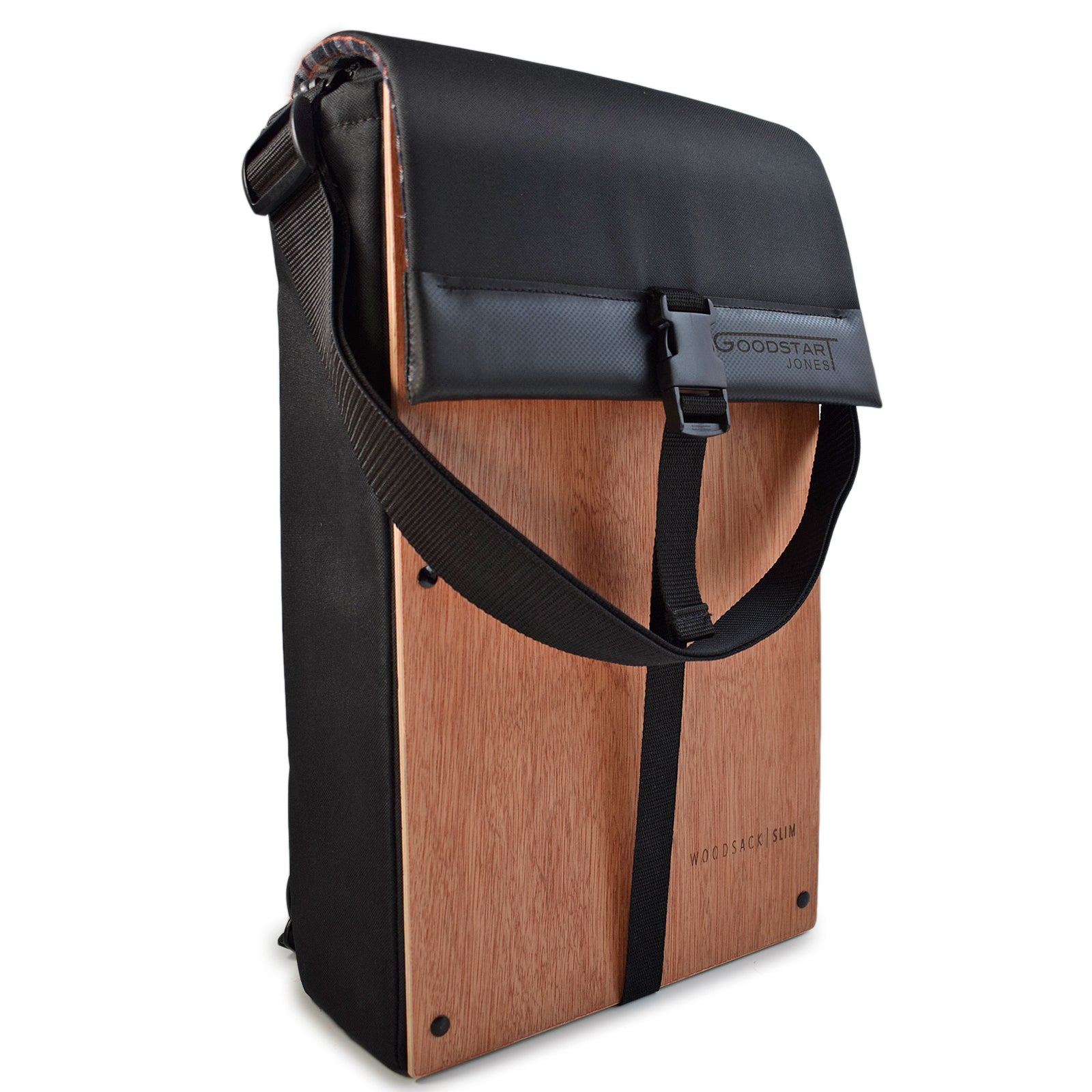 Woodsack Slim Backpack in BLACK showcasing its sleek design and minimalist style, perfect for carrying essentials.