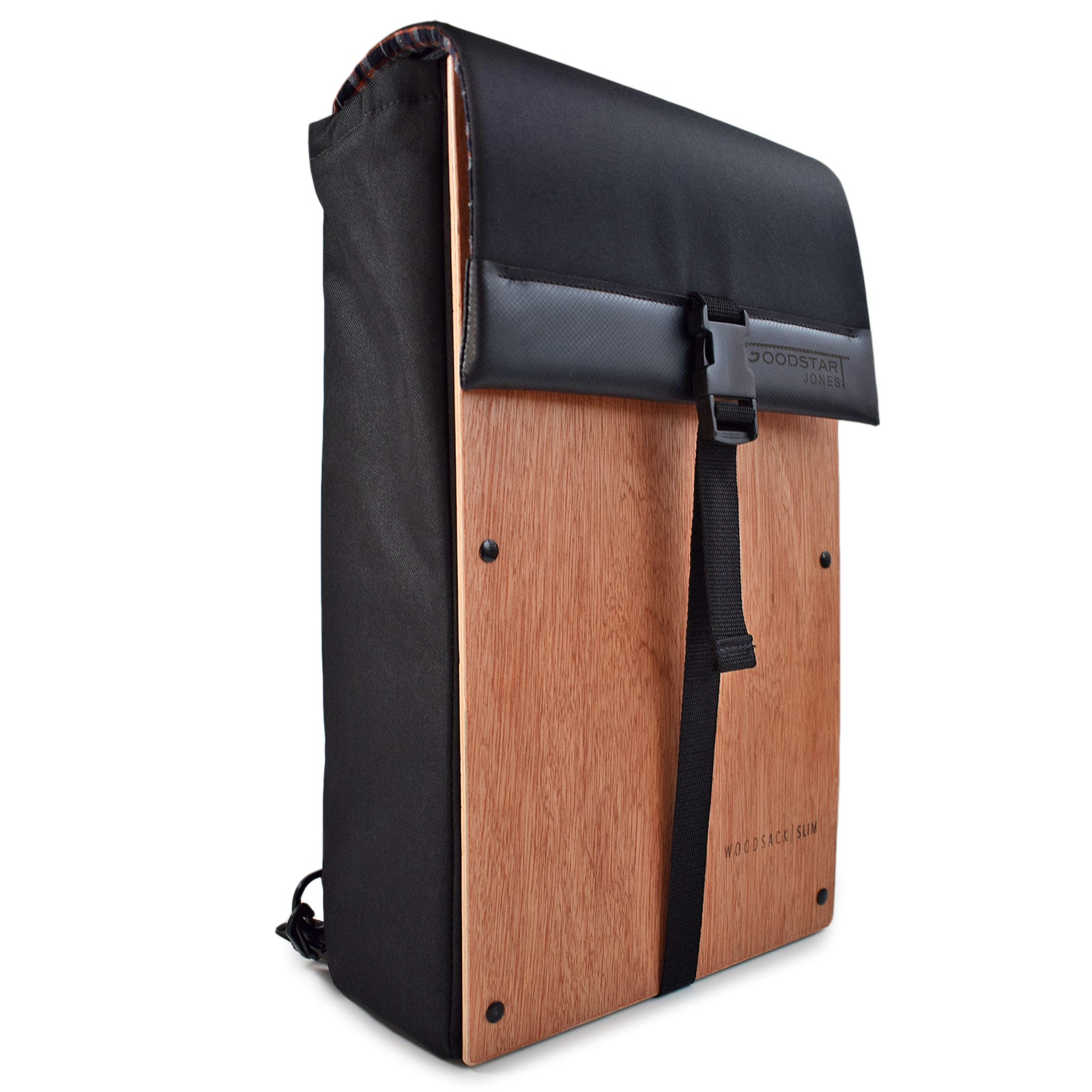 Woodsack Slim Backpack in BLACK showcasing its sleek design and minimalist style, perfect for carrying essentials.