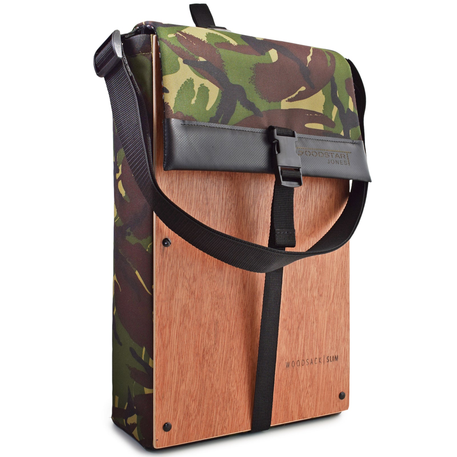 Woodsack Slim Backpack in CAMO, featuring a sleek design and practical storage for essentials.