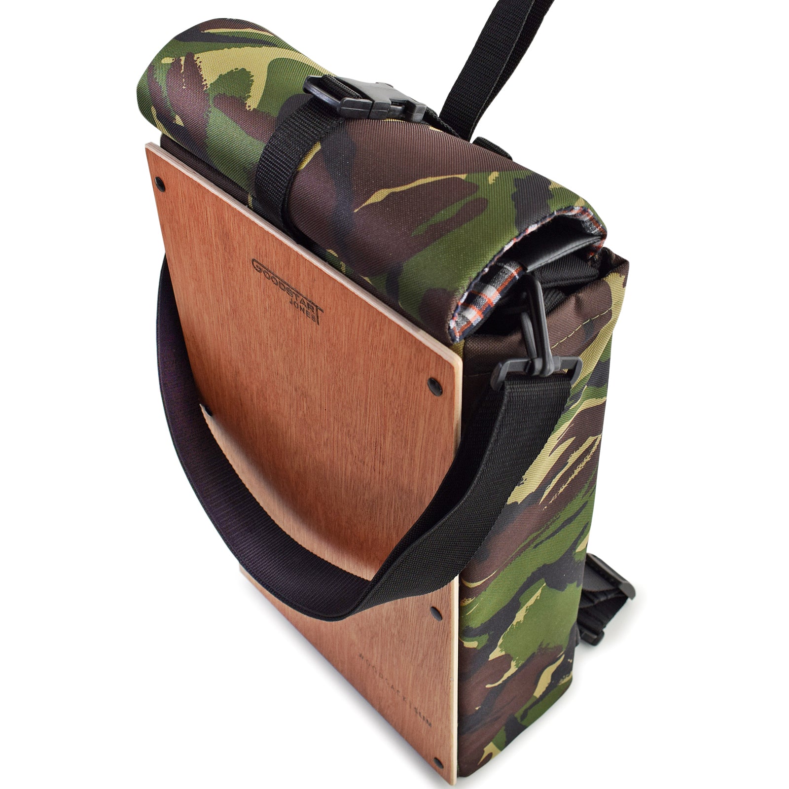 Woodsack Slim Backpack in CAMO, featuring a sleek design and practical storage for essentials.