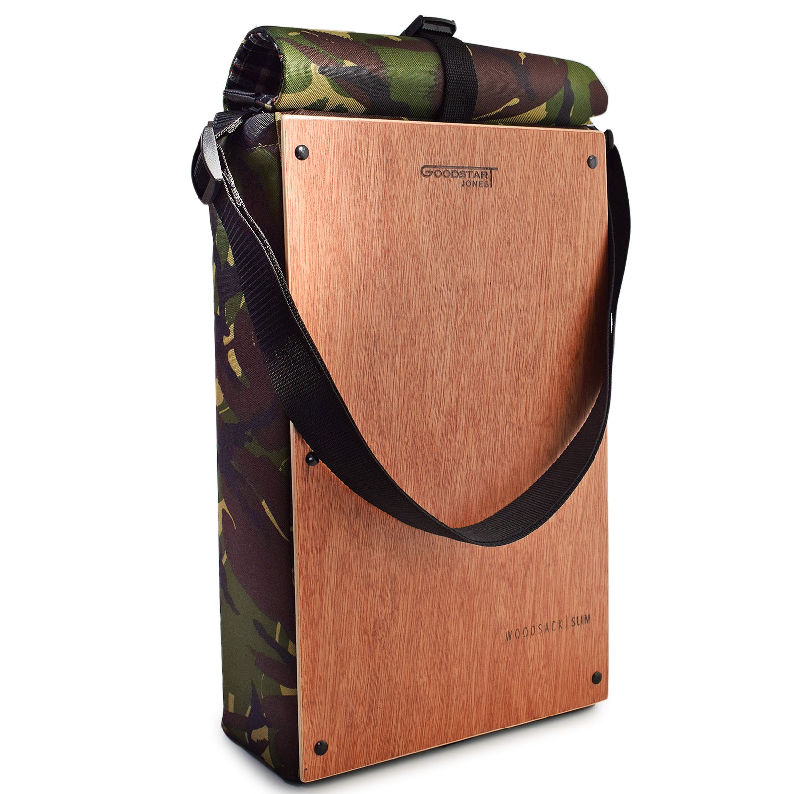 Woodsack Slim Backpack in CAMO, featuring a sleek design and practical storage for essentials.