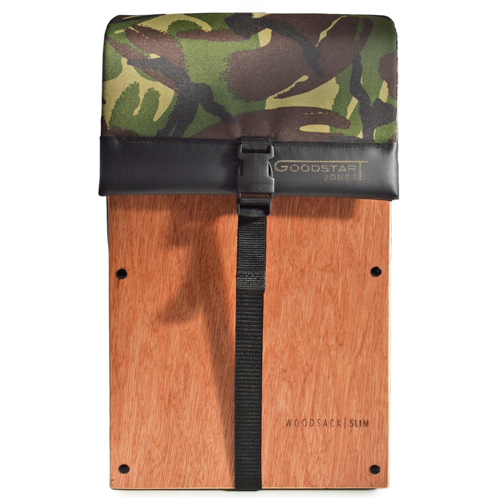 Woodsack Slim Backpack in CAMO, featuring a sleek design and practical storage for essentials.