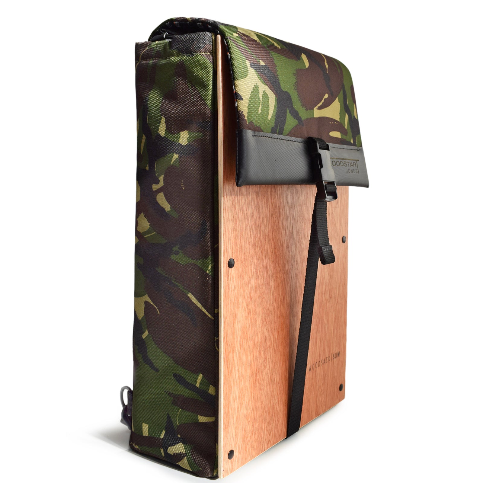 Woodsack Slim Backpack in CAMO, featuring a sleek design and practical storage for essentials.