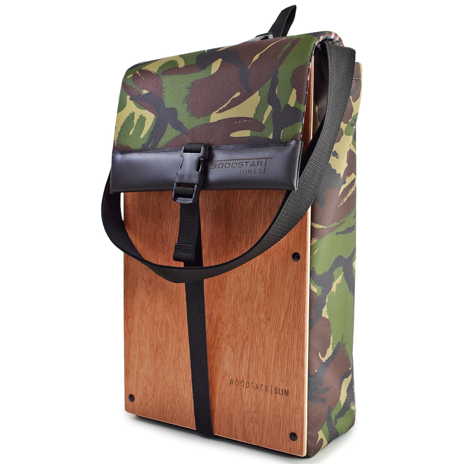 Woodsack Slim Backpack in CAMO, featuring a sleek design and practical storage for essentials.