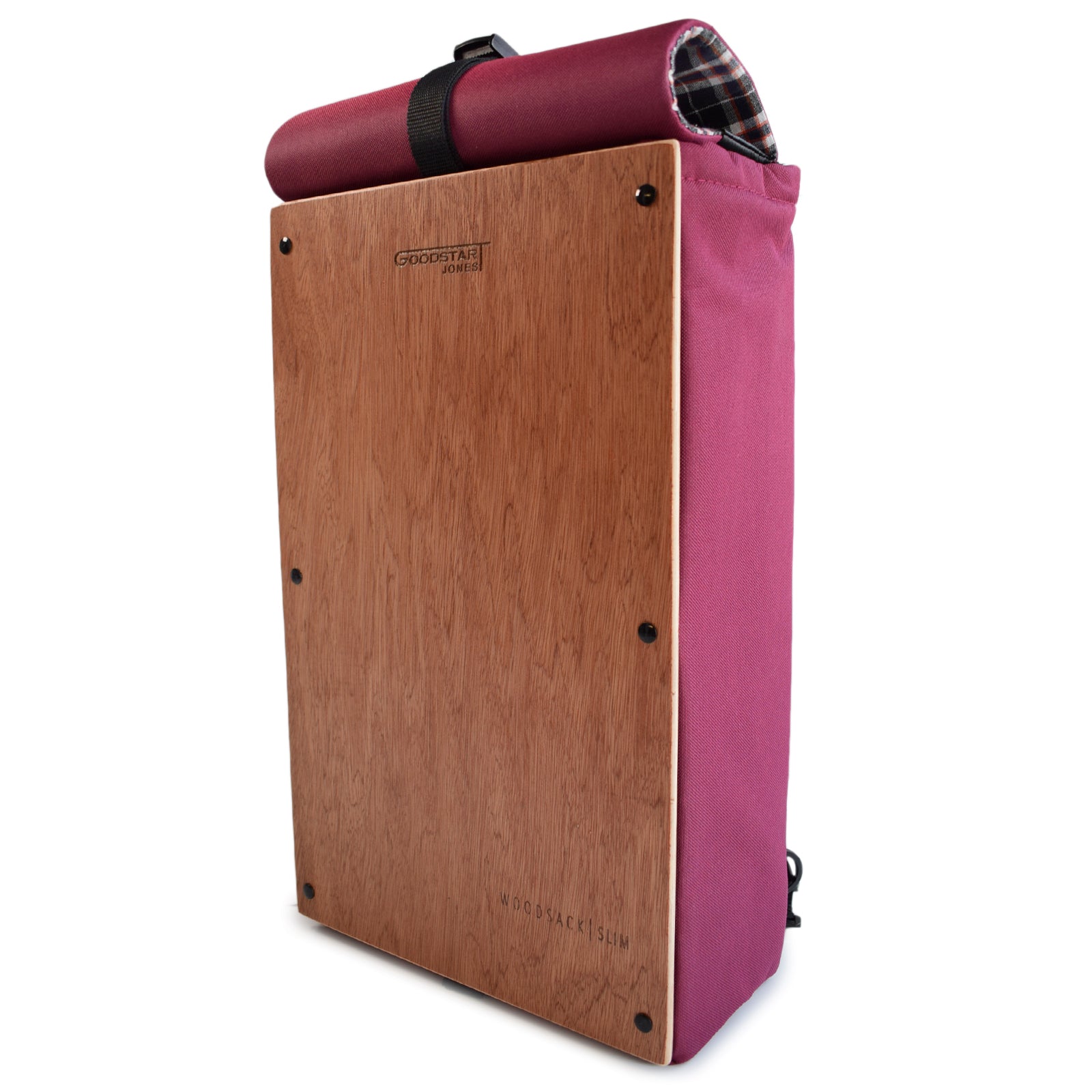 Woodsack Slim Backpack in WINE color, showcasing its sleek design and minimalist style.